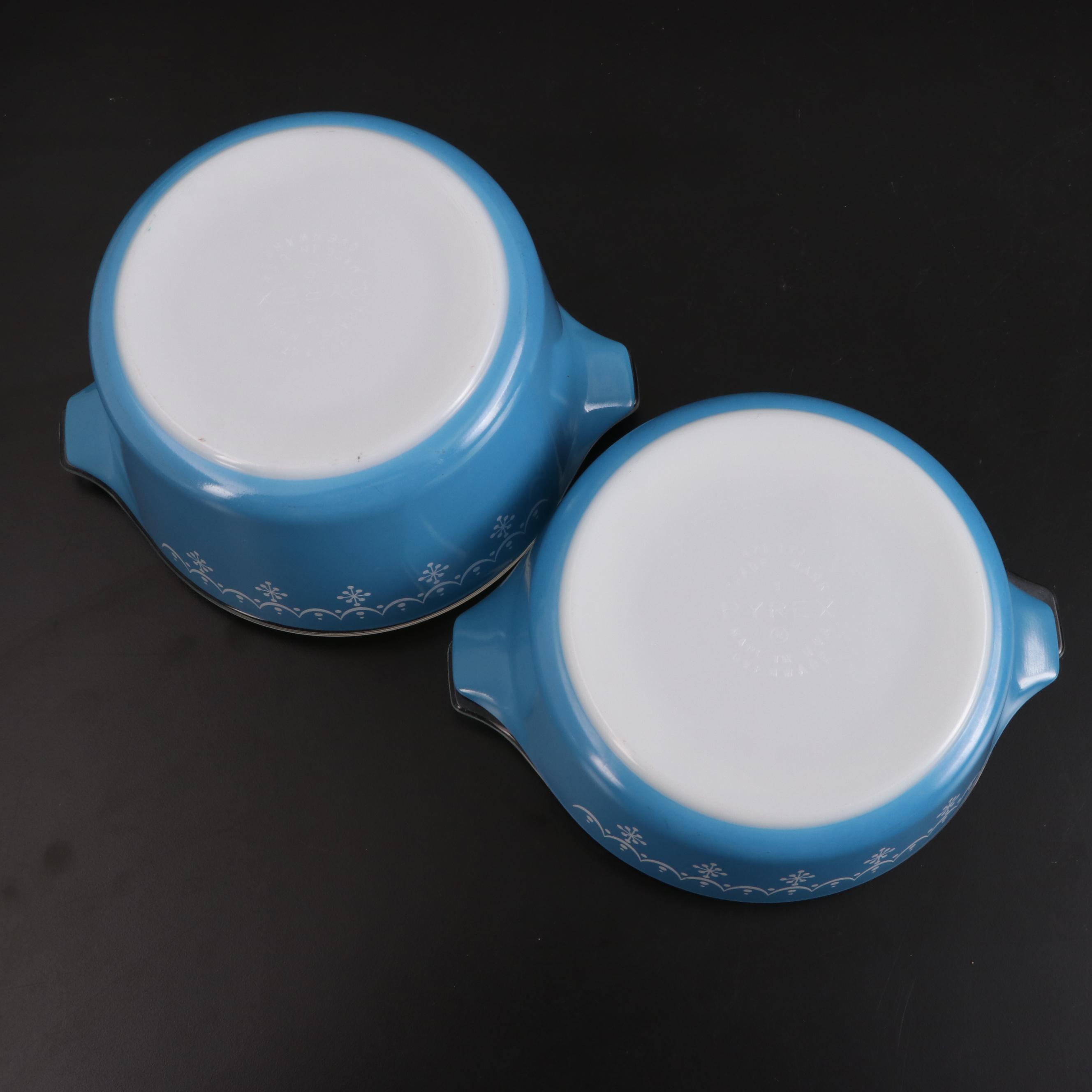 Pyrex "Snowflake Blue" Cinderella Bowls and Covered Casserole Dishes, 1972–1975