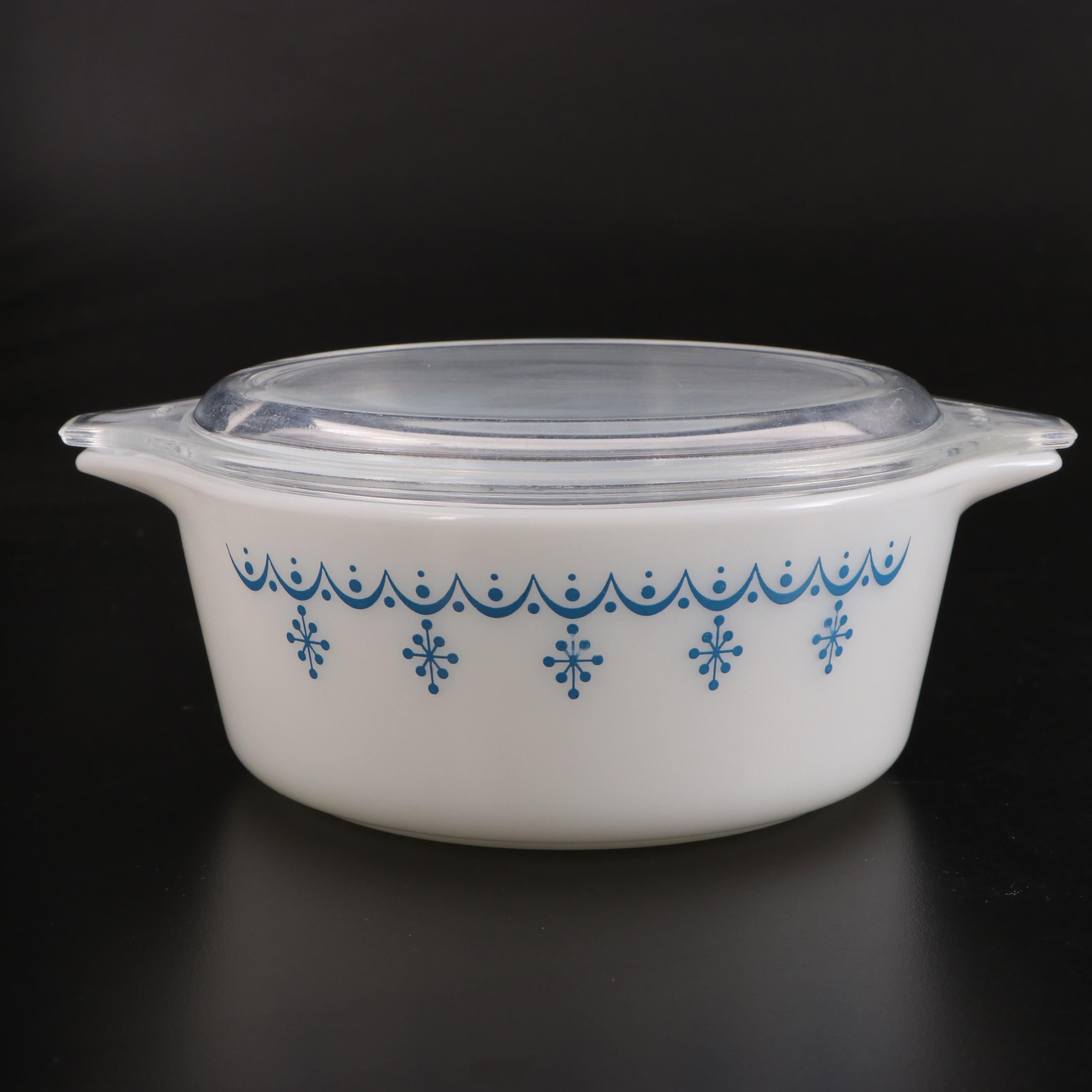 Pyrex "Snowflake Blue" Cinderella Bowls and Covered Casserole Dishes, 1972–1975