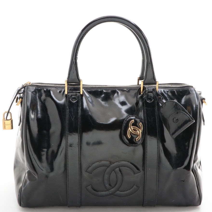 Chanel CC Boston Bag in Black Patent Leather