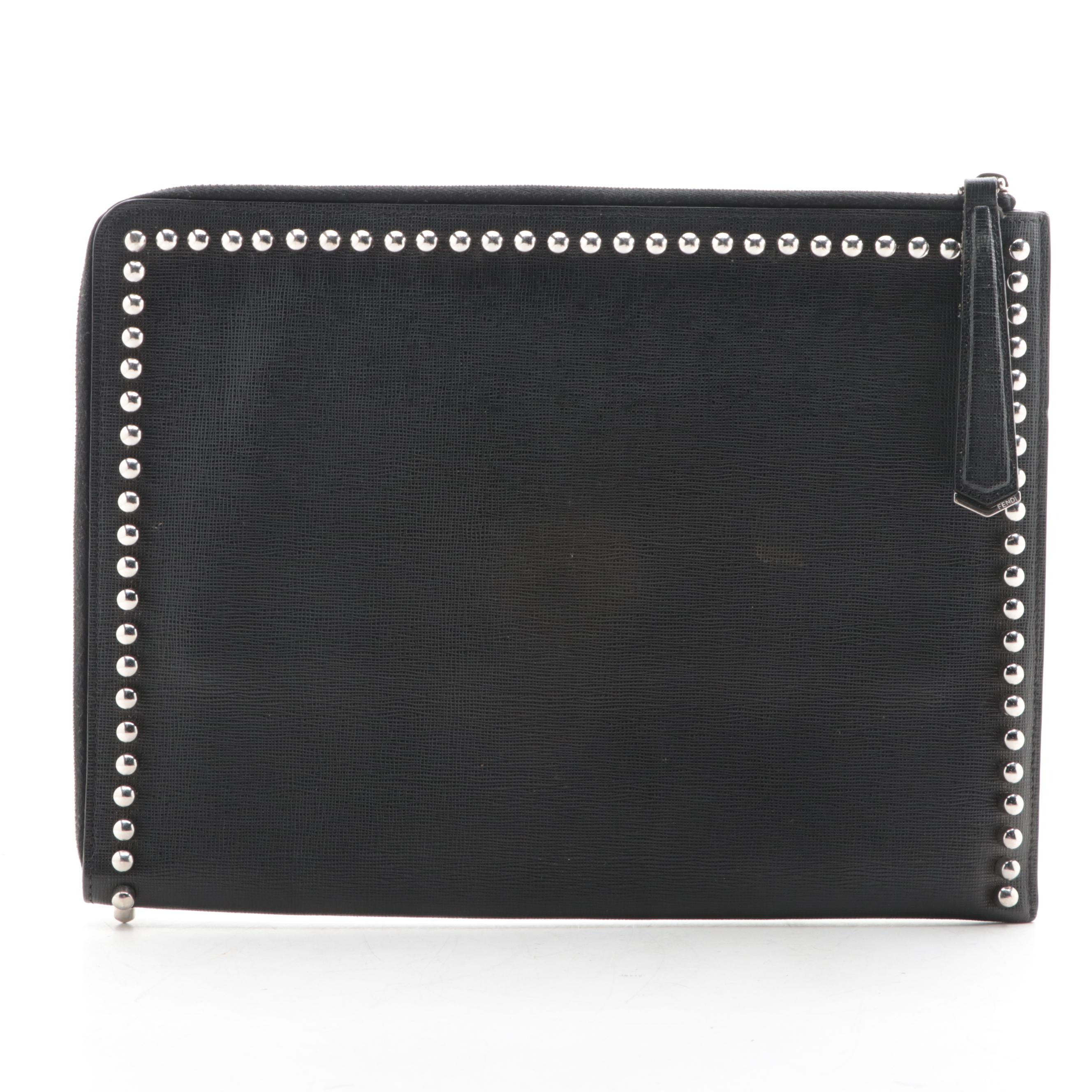 Fendi Karlito Zip-Around Clutch in Embellished Black Crossgrain Leather