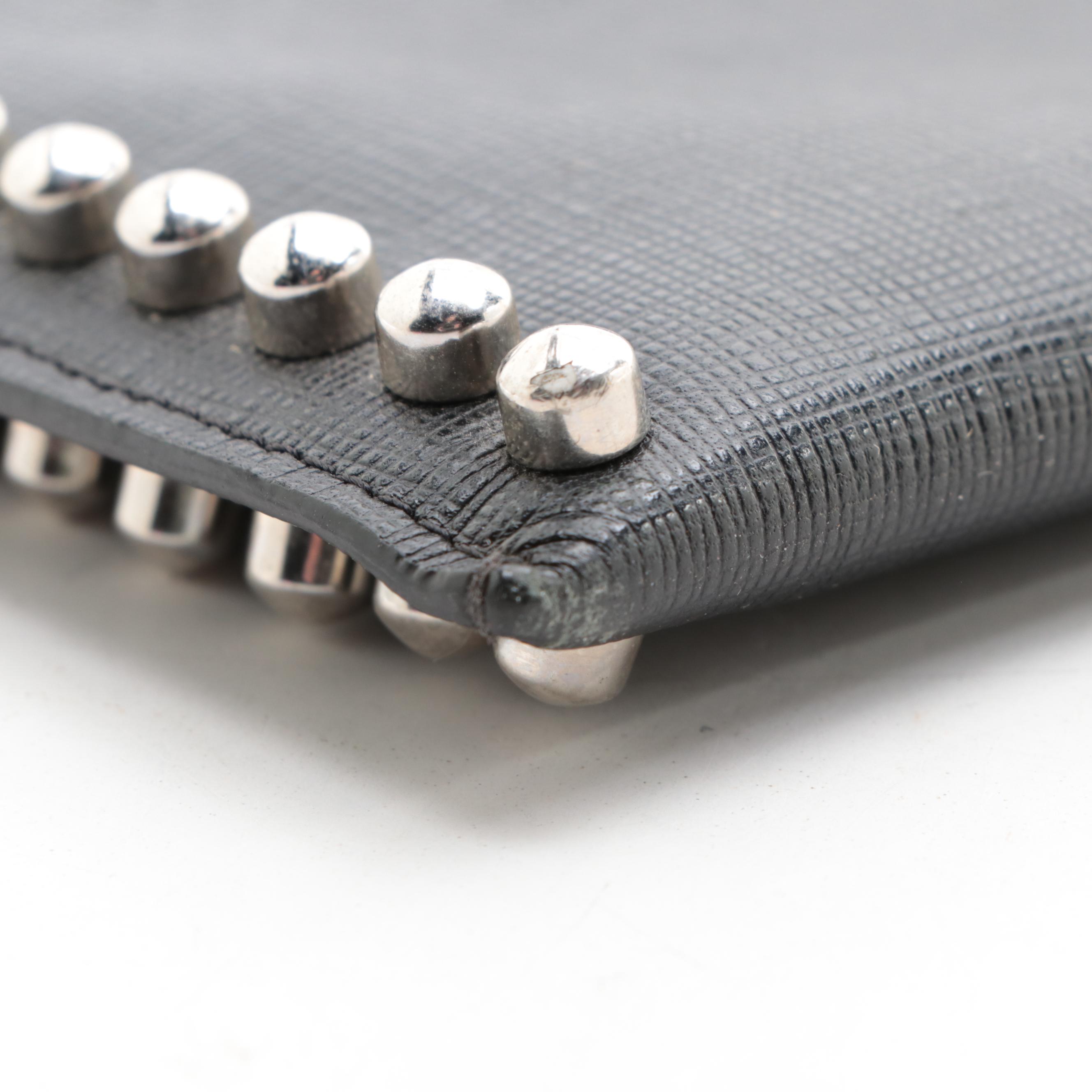 Fendi Karlito Zip-Around Clutch in Embellished Black Crossgrain Leather