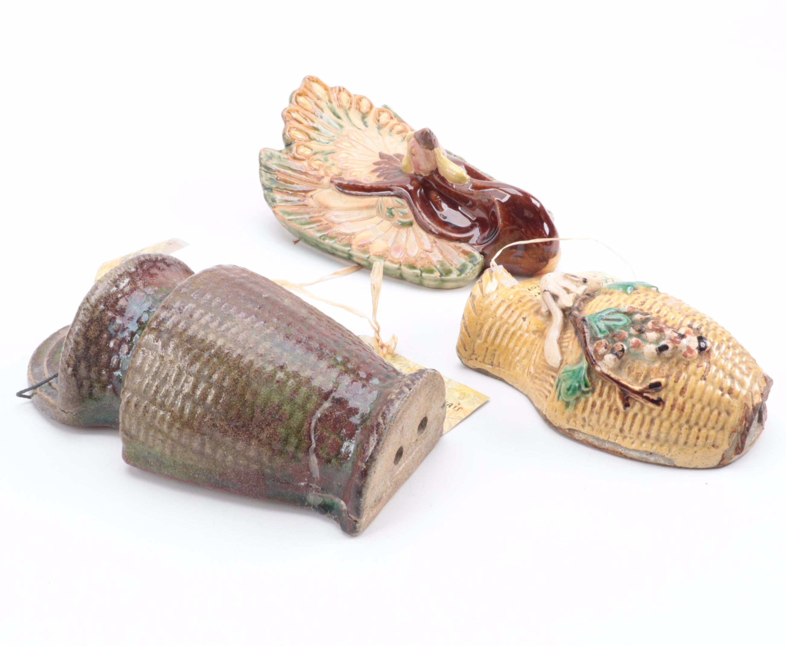 Chinese Peacock and Basket Form Glazed Pottery Wall Pockets