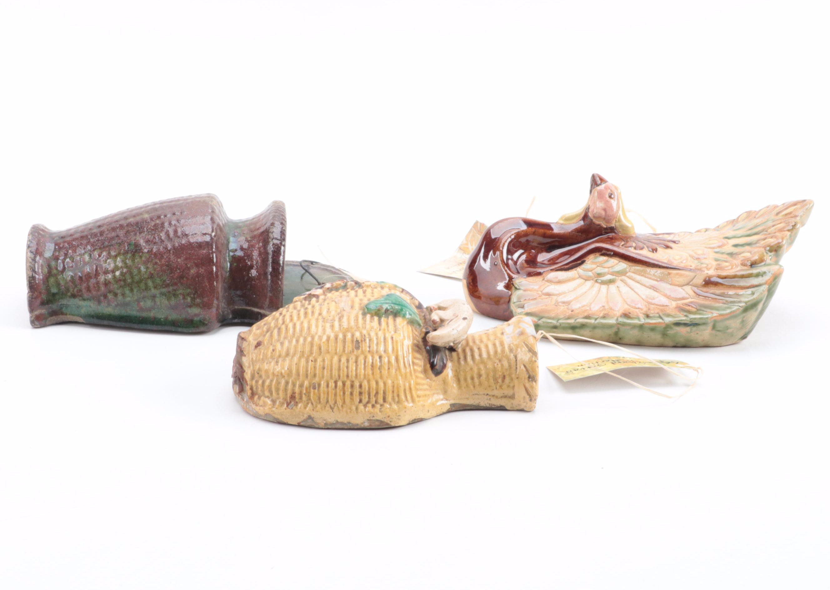 Chinese Peacock and Basket Form Glazed Pottery Wall Pockets