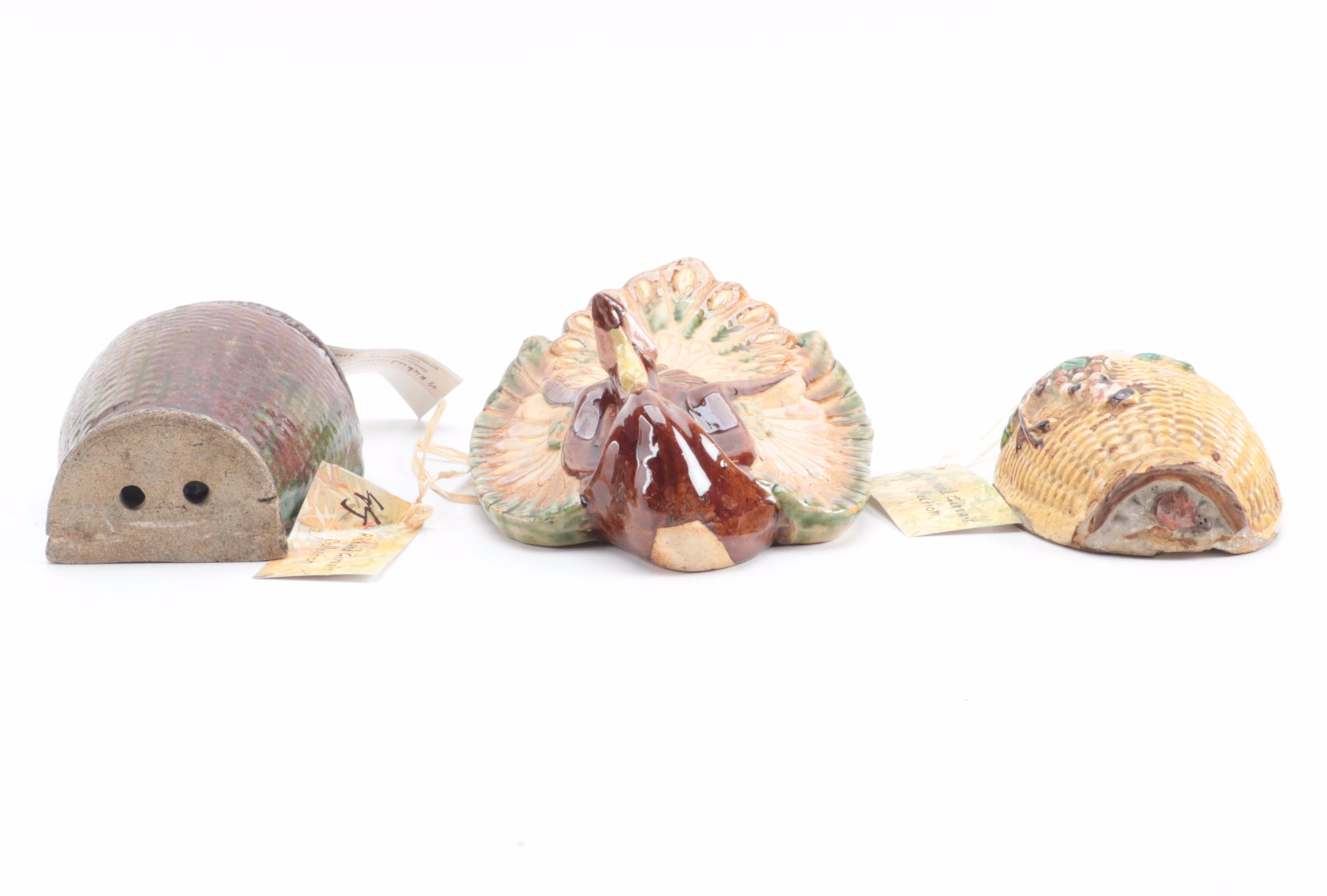 Chinese Peacock and Basket Form Glazed Pottery Wall Pockets