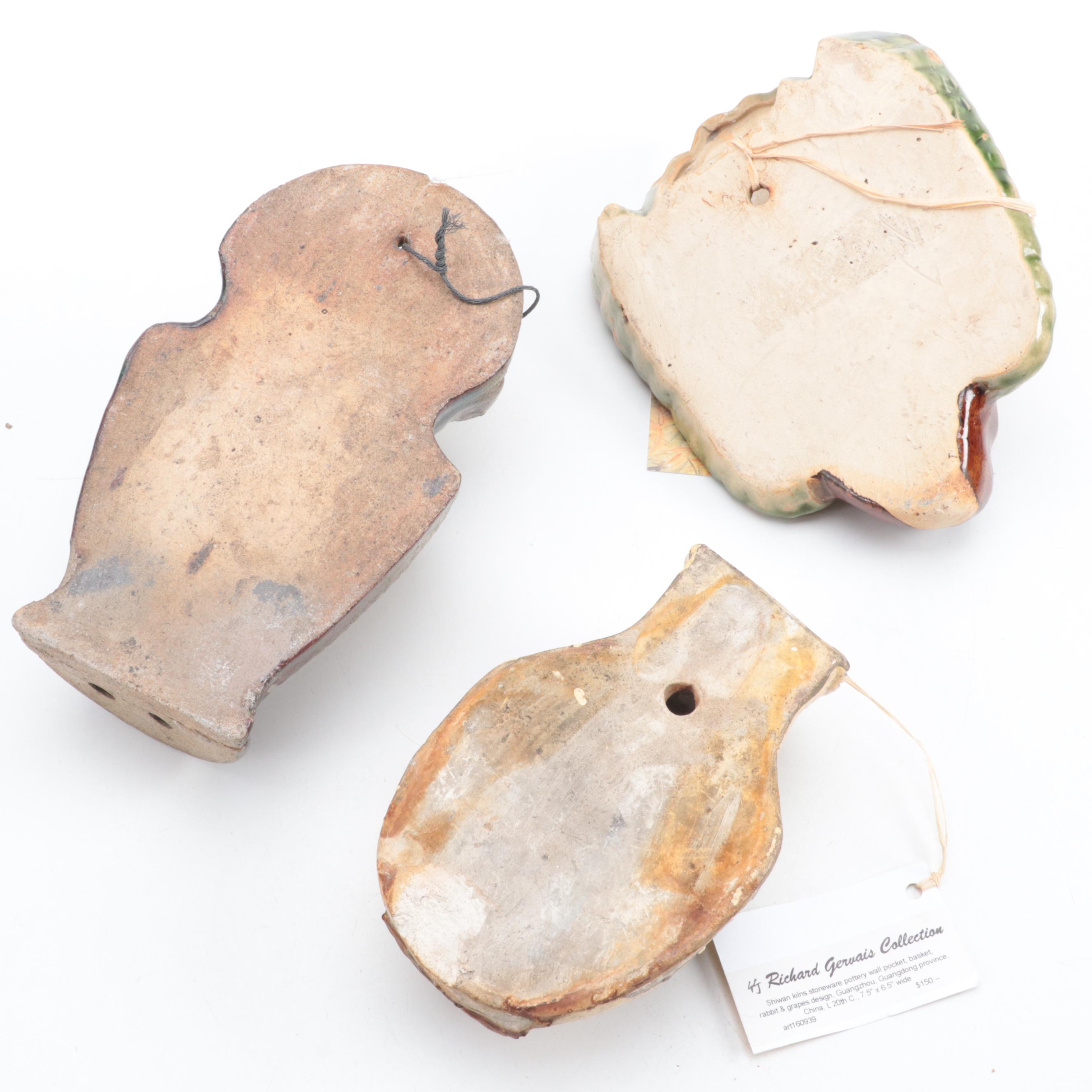 Chinese Peacock and Basket Form Glazed Pottery Wall Pockets