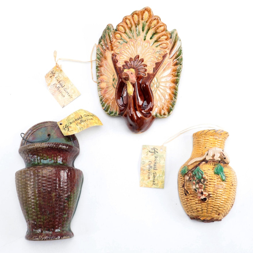 Chinese Peacock and Basket Form Glazed Pottery Wall Pockets