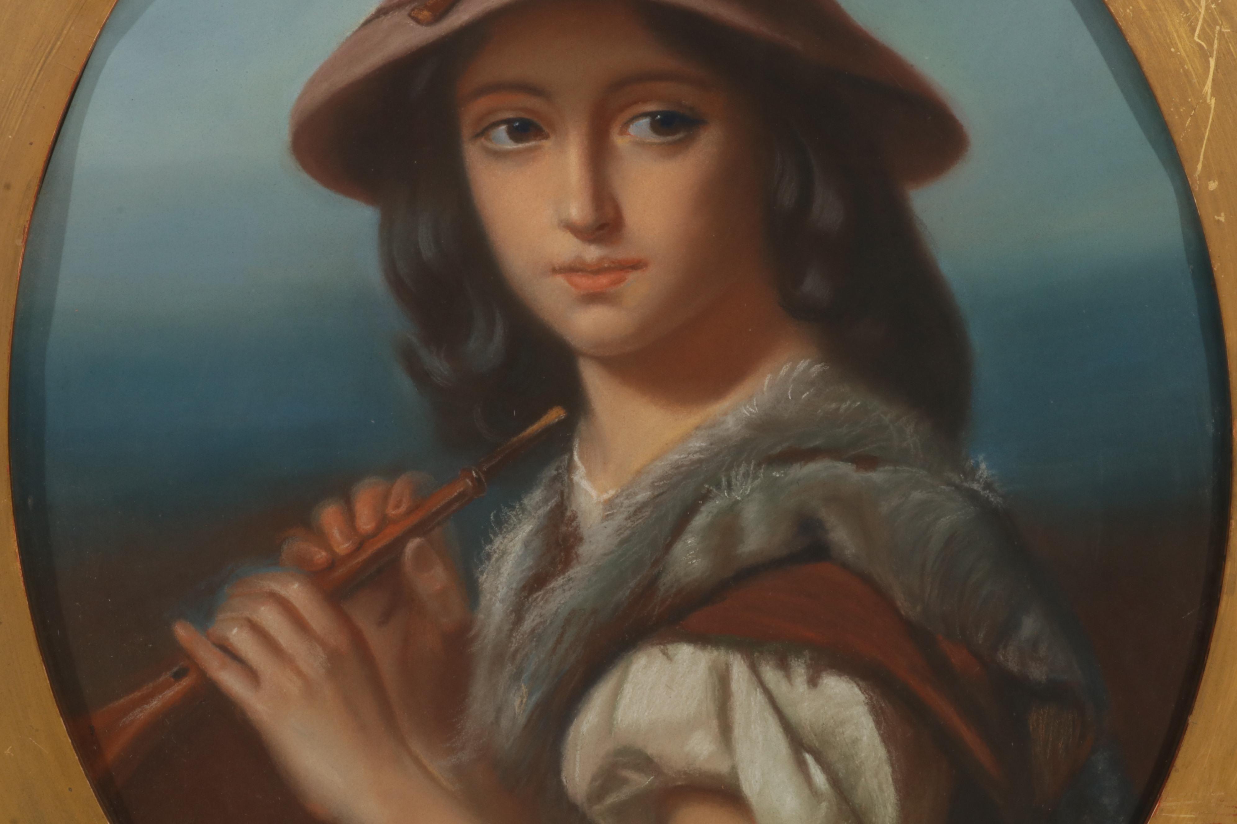 Portrait Pastel Drawing of Young Woman Holding Woodwind Instrument