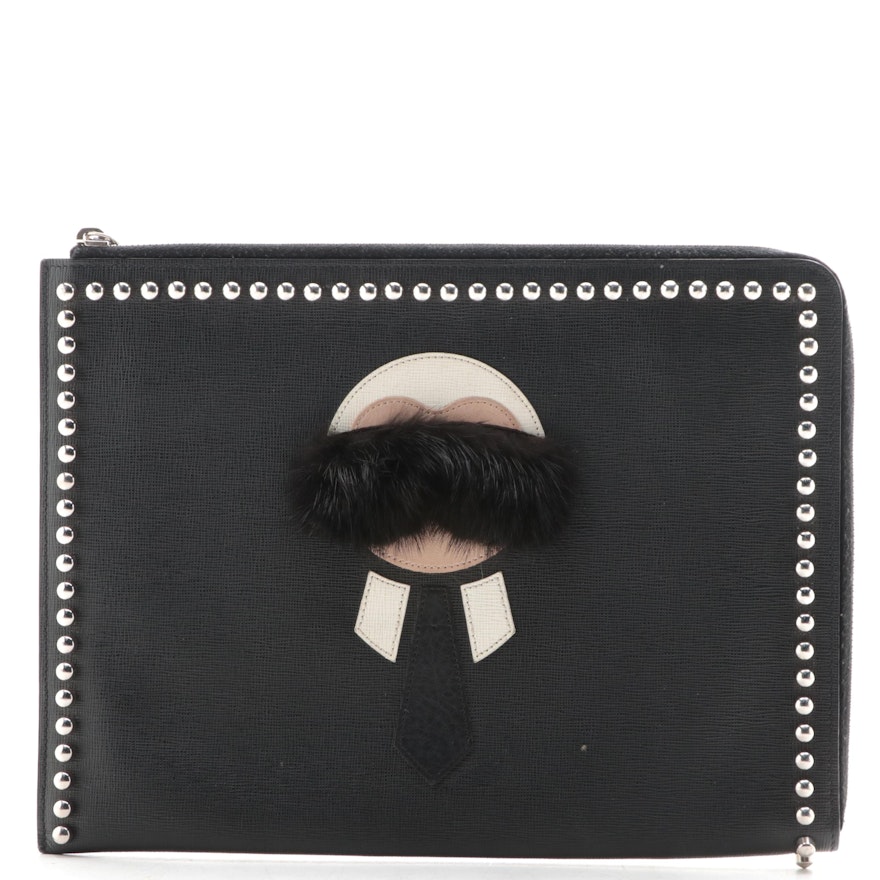 Fendi Karlito Zip-Around Clutch in Embellished Black Crossgrain Leather