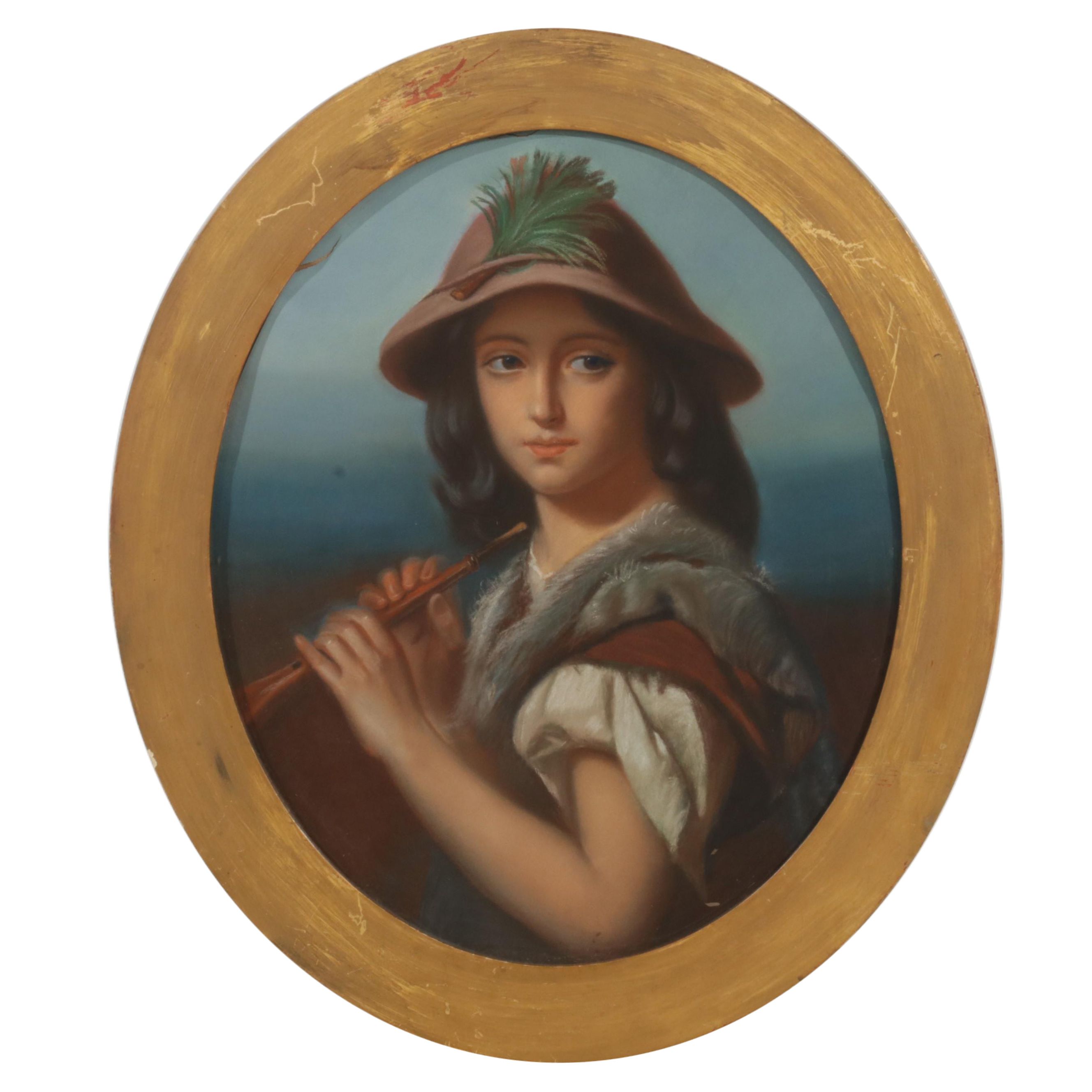 Portrait Pastel Drawing of Young Woman Holding Woodwind Instrument