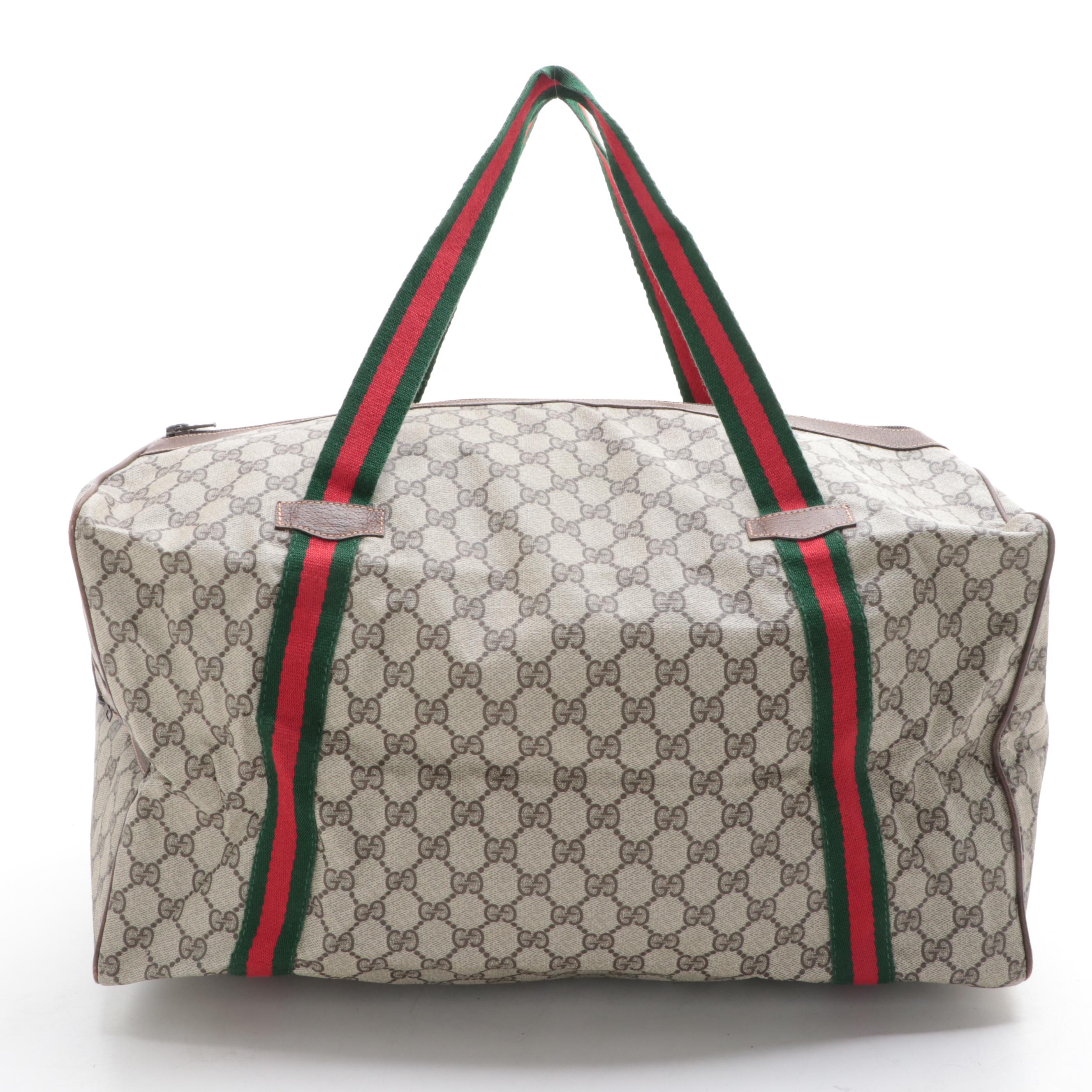Gucci Zip Travel Bag in GG Supreme Canvas and Dark Brown Cinghiale Leather Trim