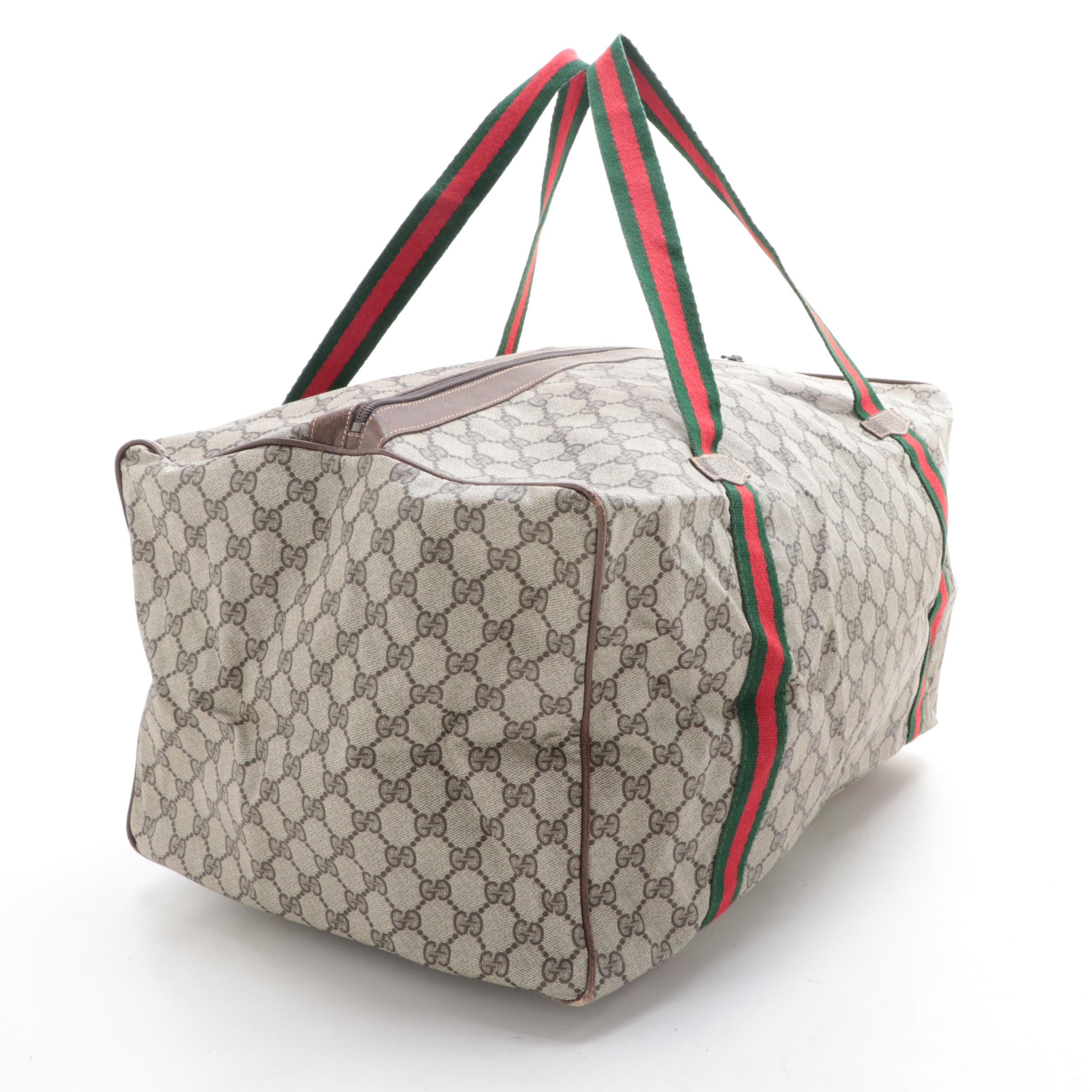 Gucci Zip Travel Bag in GG Supreme Canvas and Dark Brown Cinghiale Leather Trim