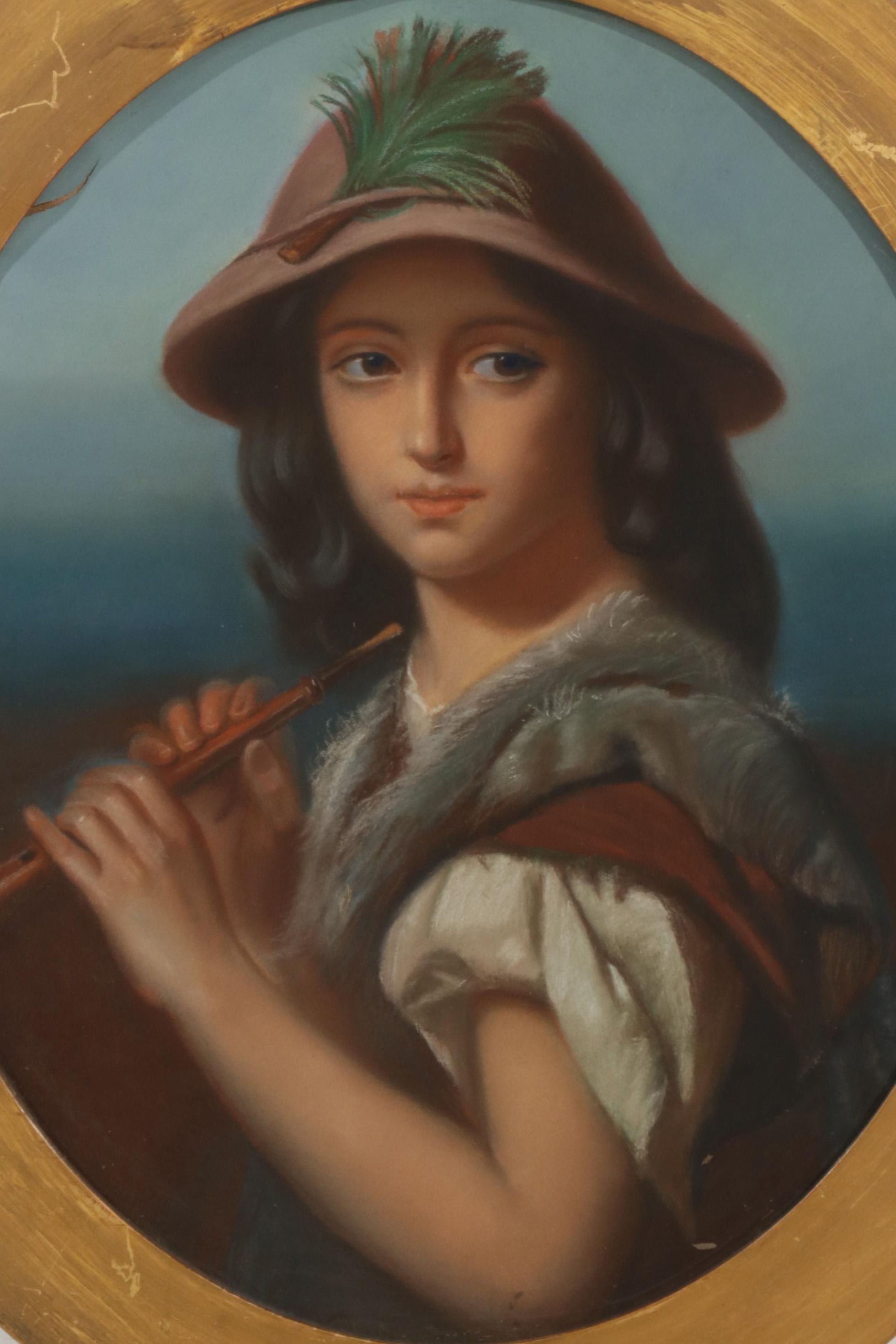 Portrait Pastel Drawing of Young Woman Holding Woodwind Instrument