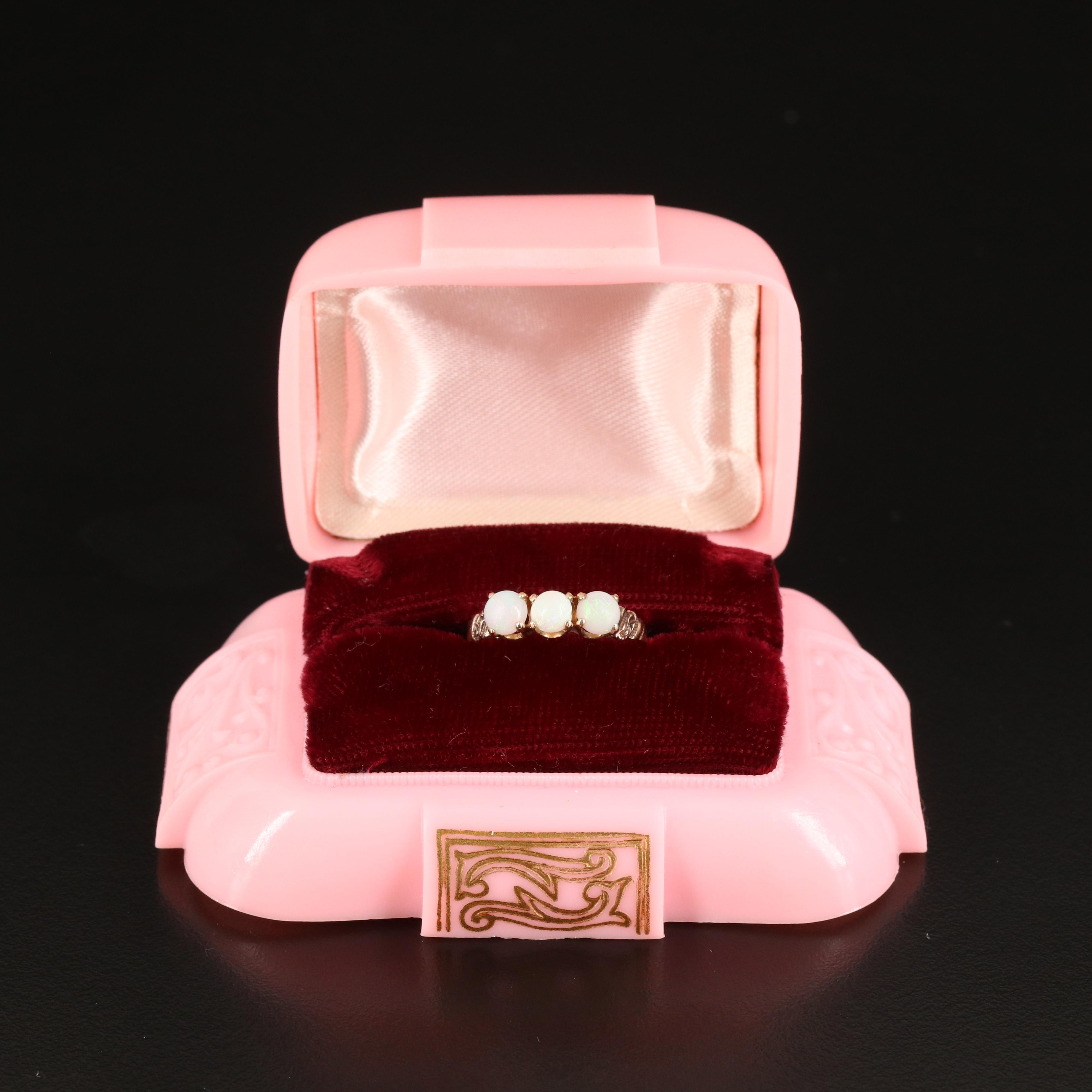 9K Round Opal Cabochon Three Stone Ring with Ring Box