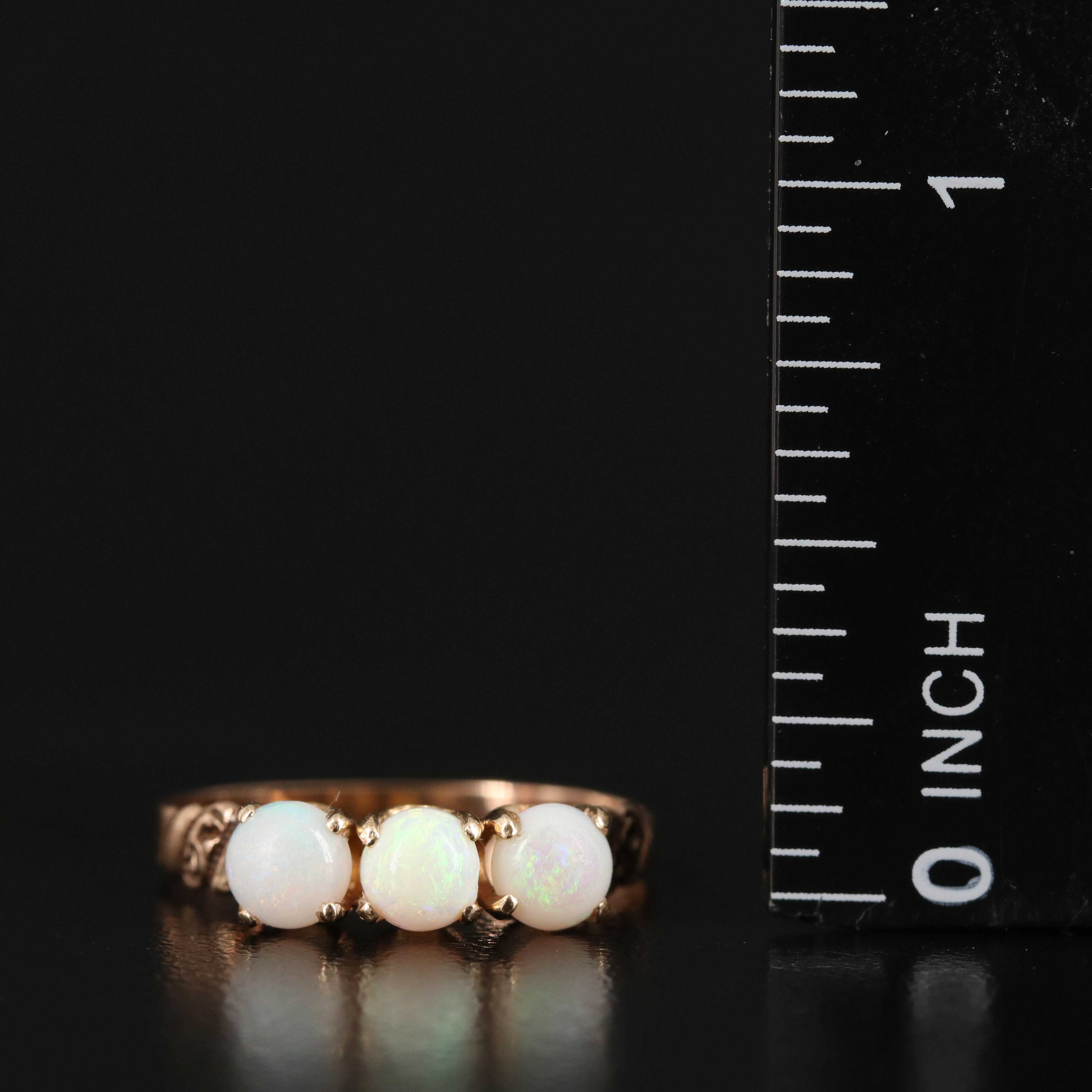 9K Round Opal Cabochon Three Stone Ring with Ring Box