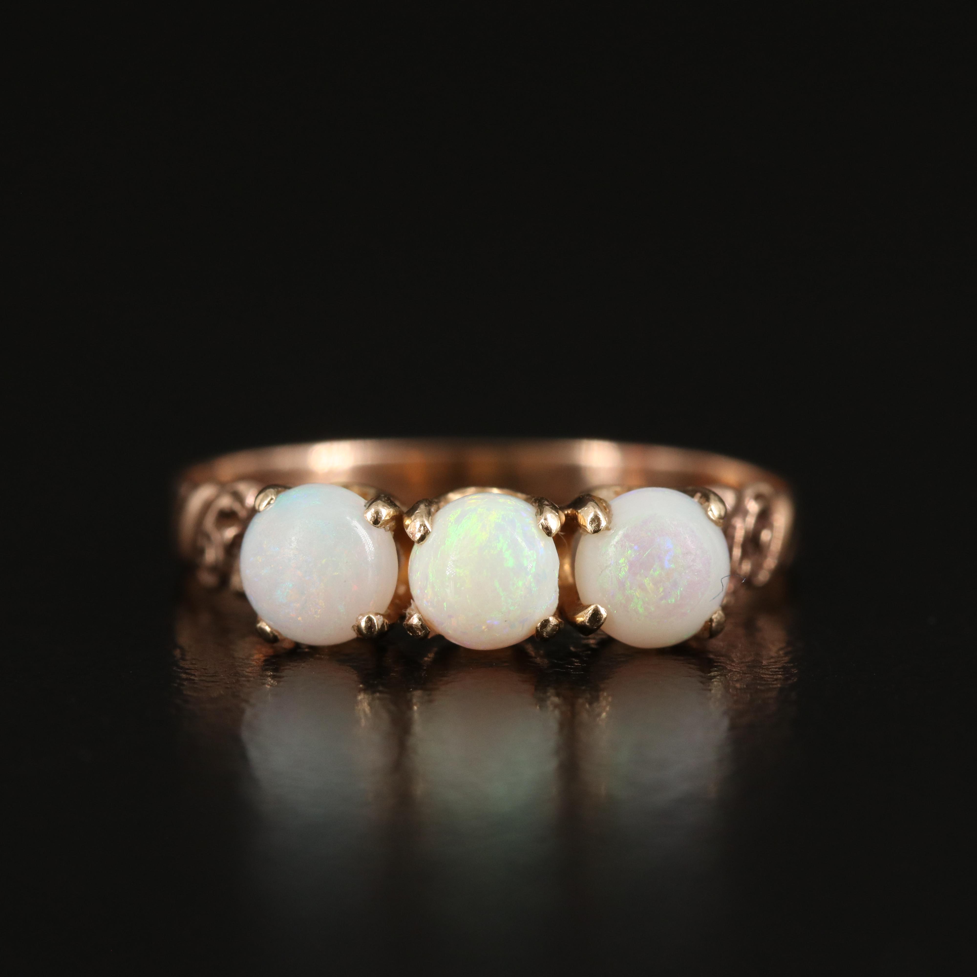 9K Round Opal Cabochon Three Stone Ring with Ring Box