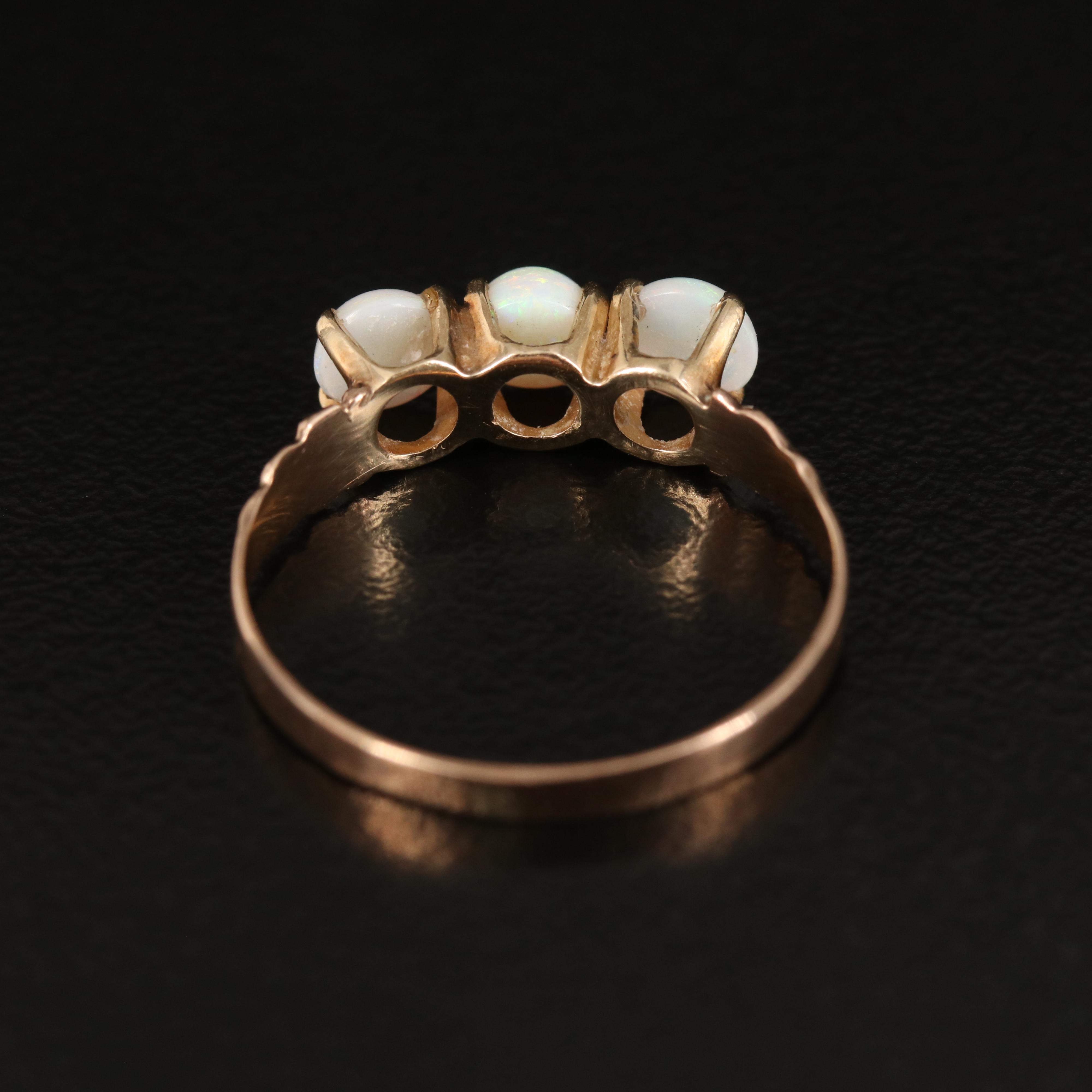 9K Round Opal Cabochon Three Stone Ring with Ring Box