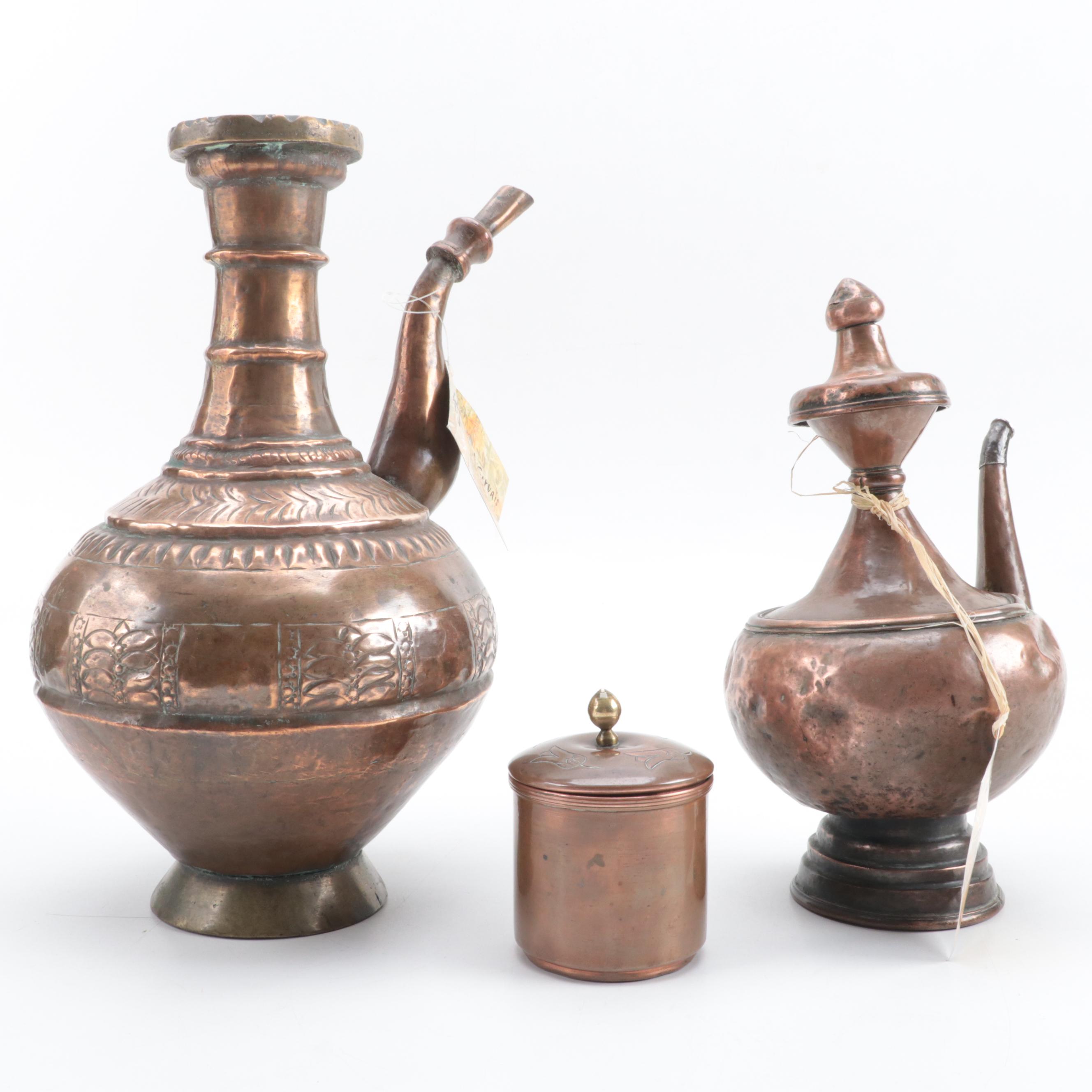 Tibetan Copper Teapot with Indian Pouring Vessel and Incised Chilean Canister