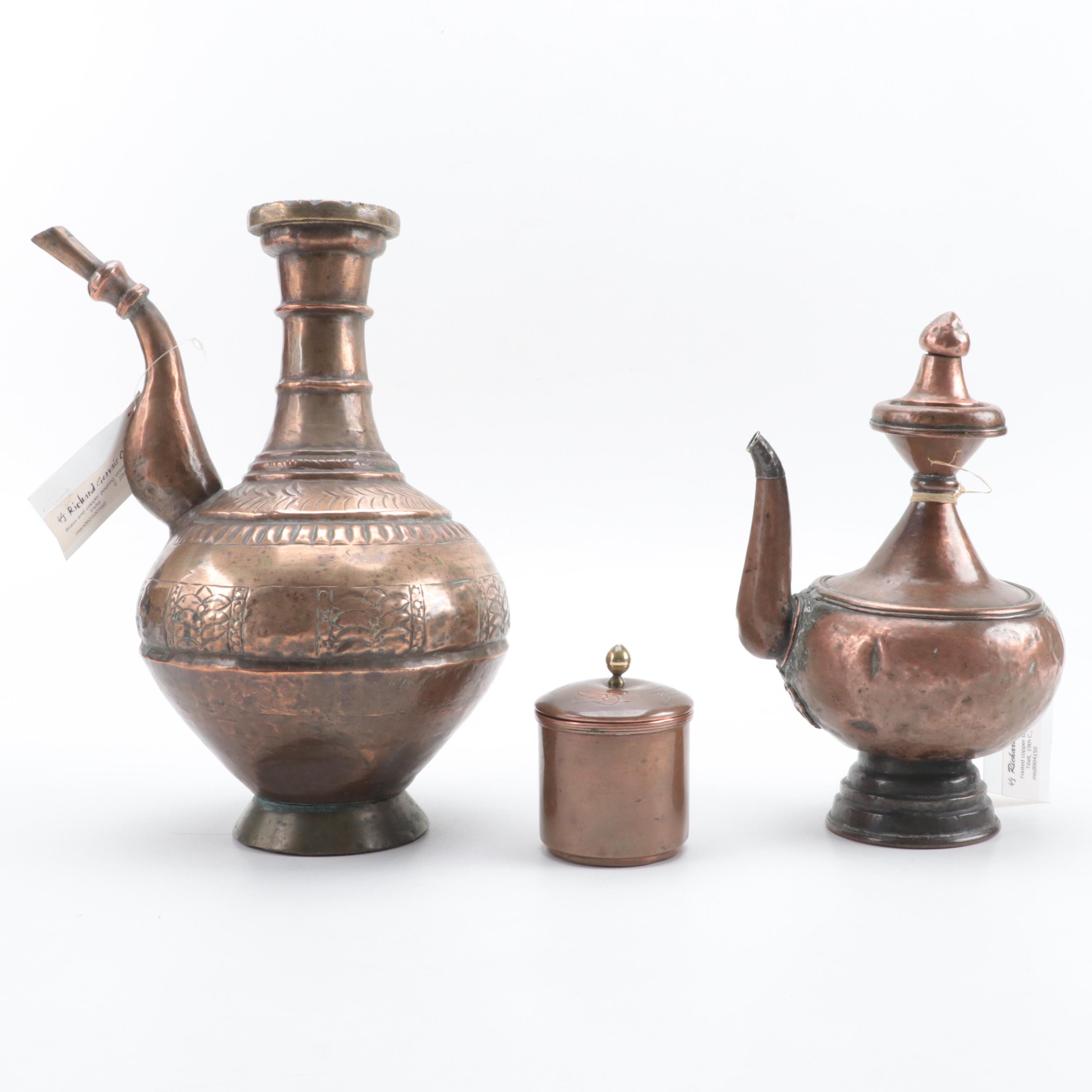 Tibetan Copper Teapot with Indian Pouring Vessel and Incised Chilean Canister