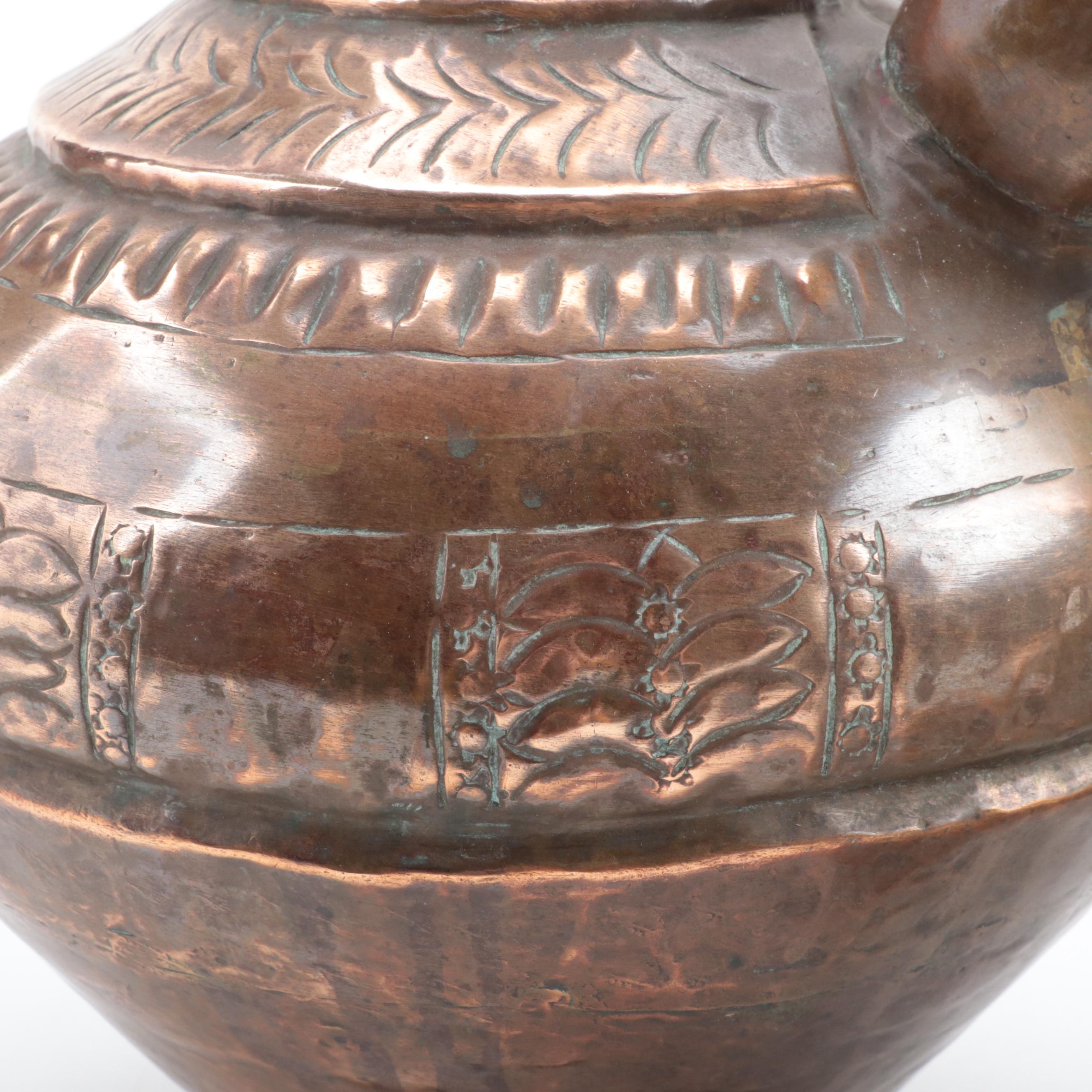 Tibetan Copper Teapot with Indian Pouring Vessel and Incised Chilean Canister