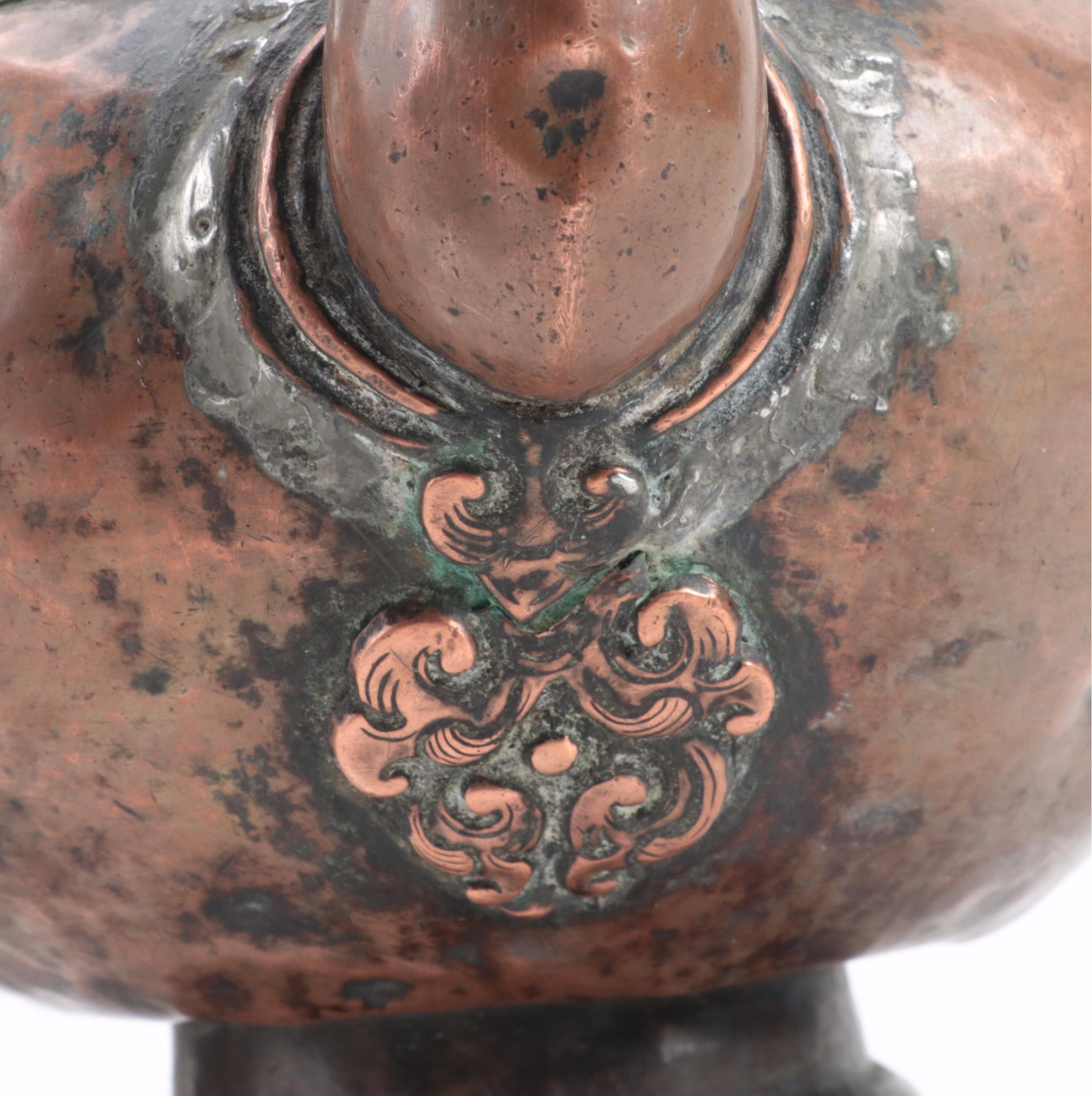 Tibetan Copper Teapot with Indian Pouring Vessel and Incised Chilean Canister