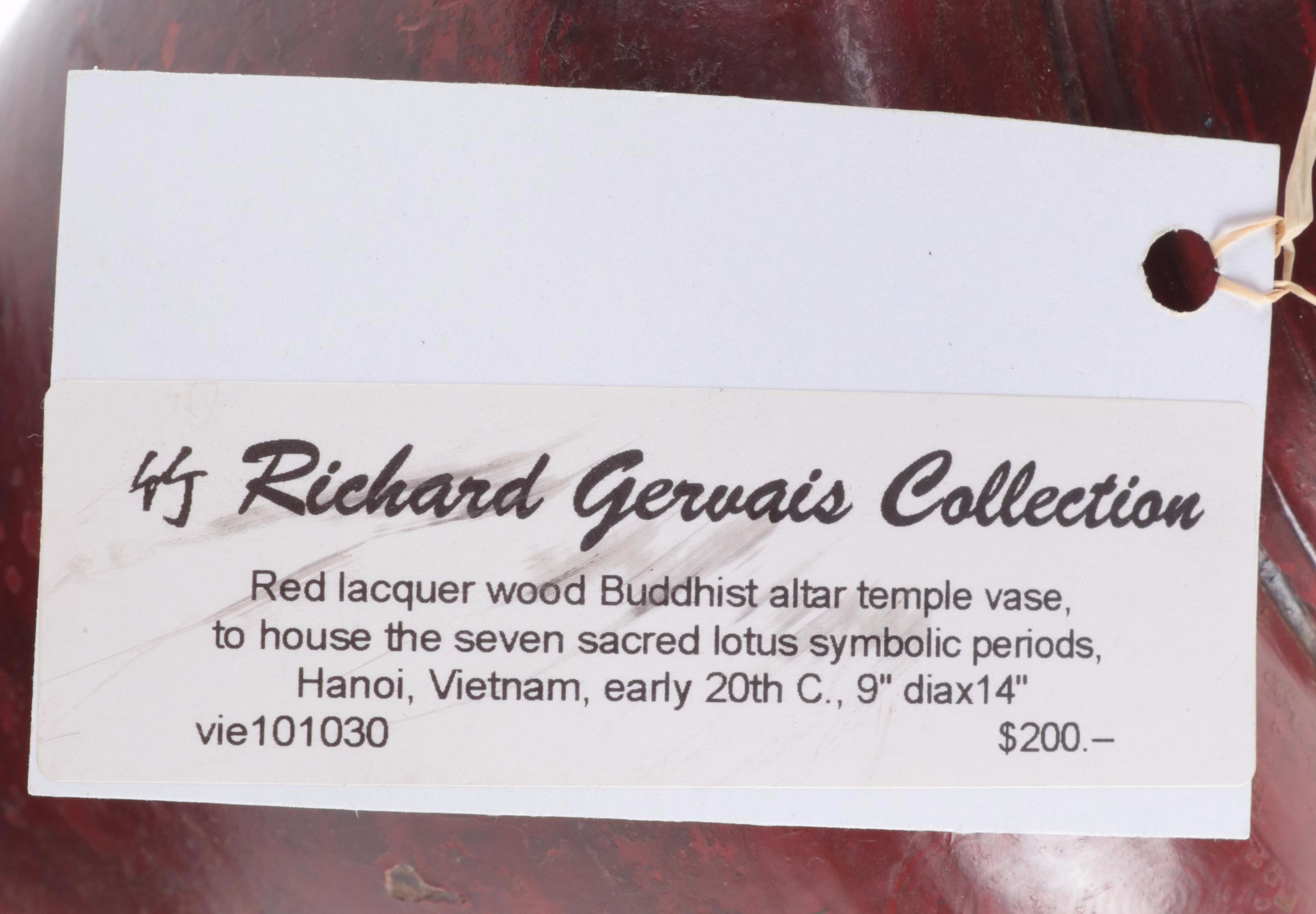 Vietnamese Red Lacquered Wood Buddhist Altar Temple Vase, Early 20th Century