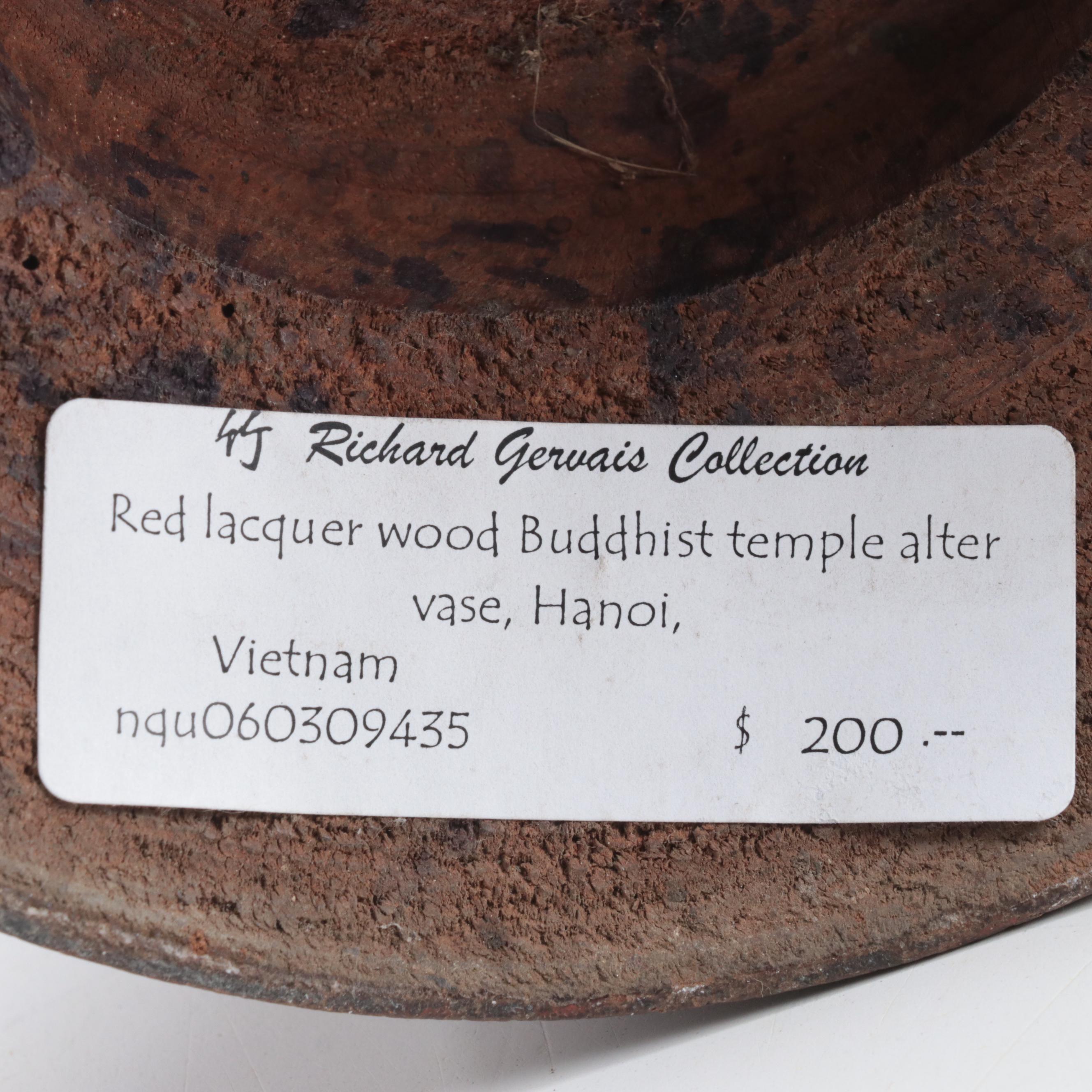 Vietnamese Red Lacquered Wood Buddhist Altar Temple Vase, Early 20th Century