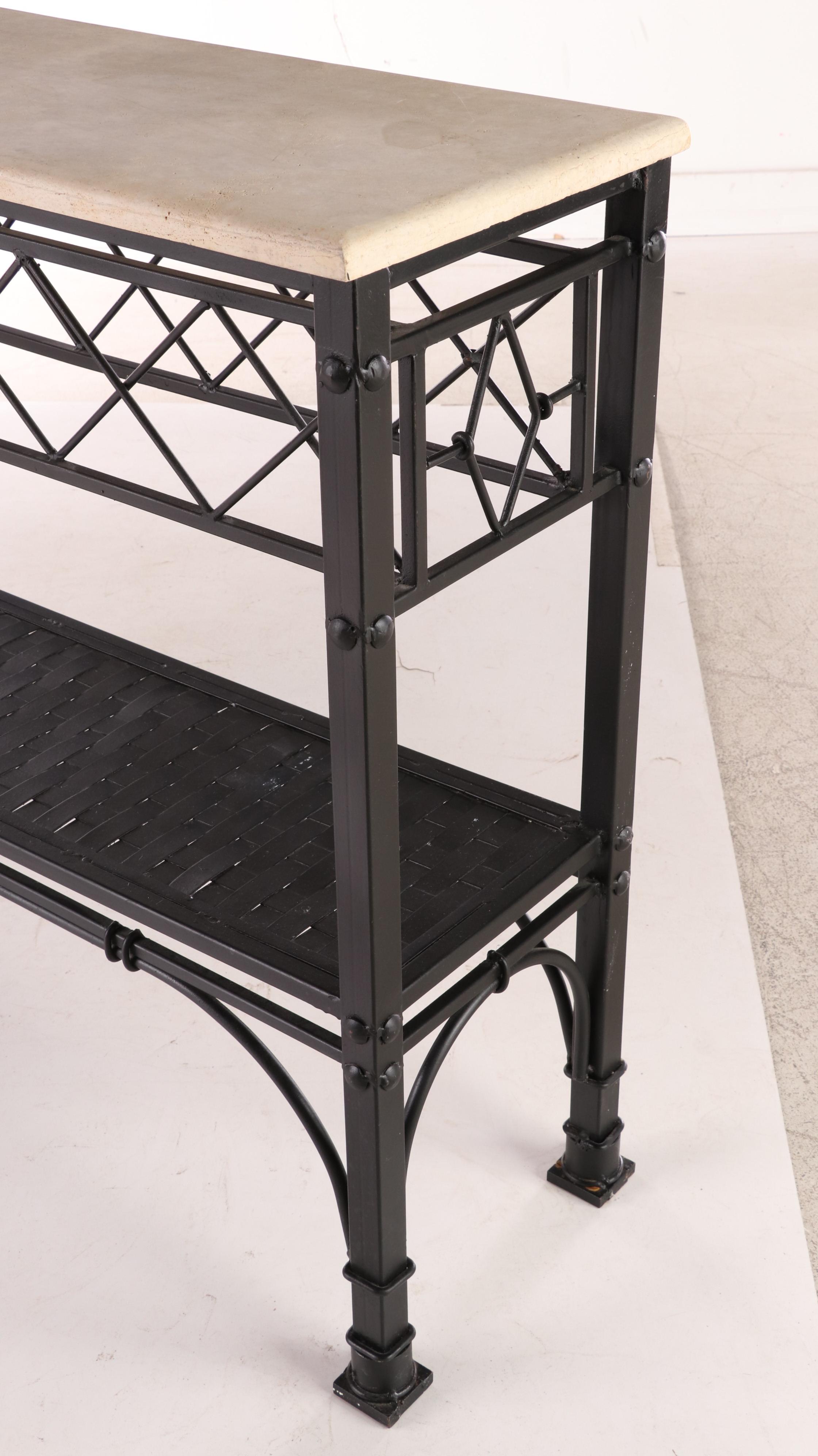 Patinated Metal and Travertine Top Console Table