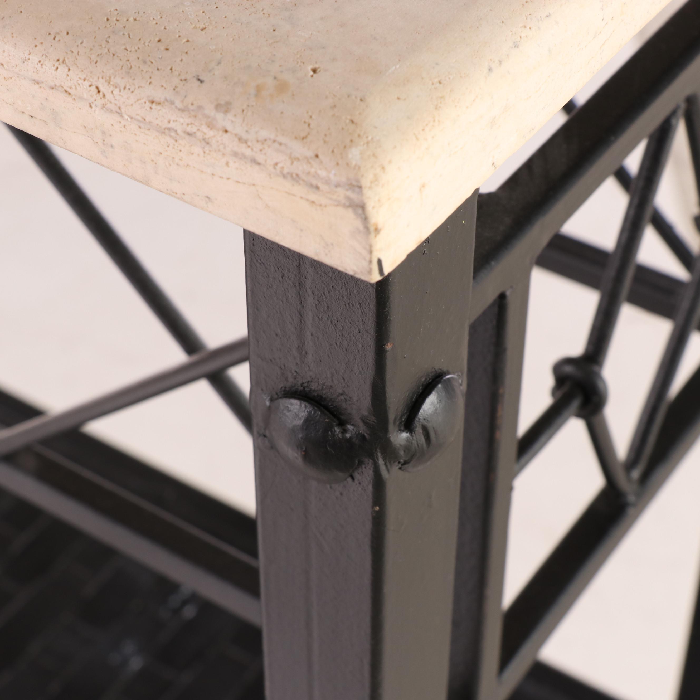 Patinated Metal and Travertine Top Console Table