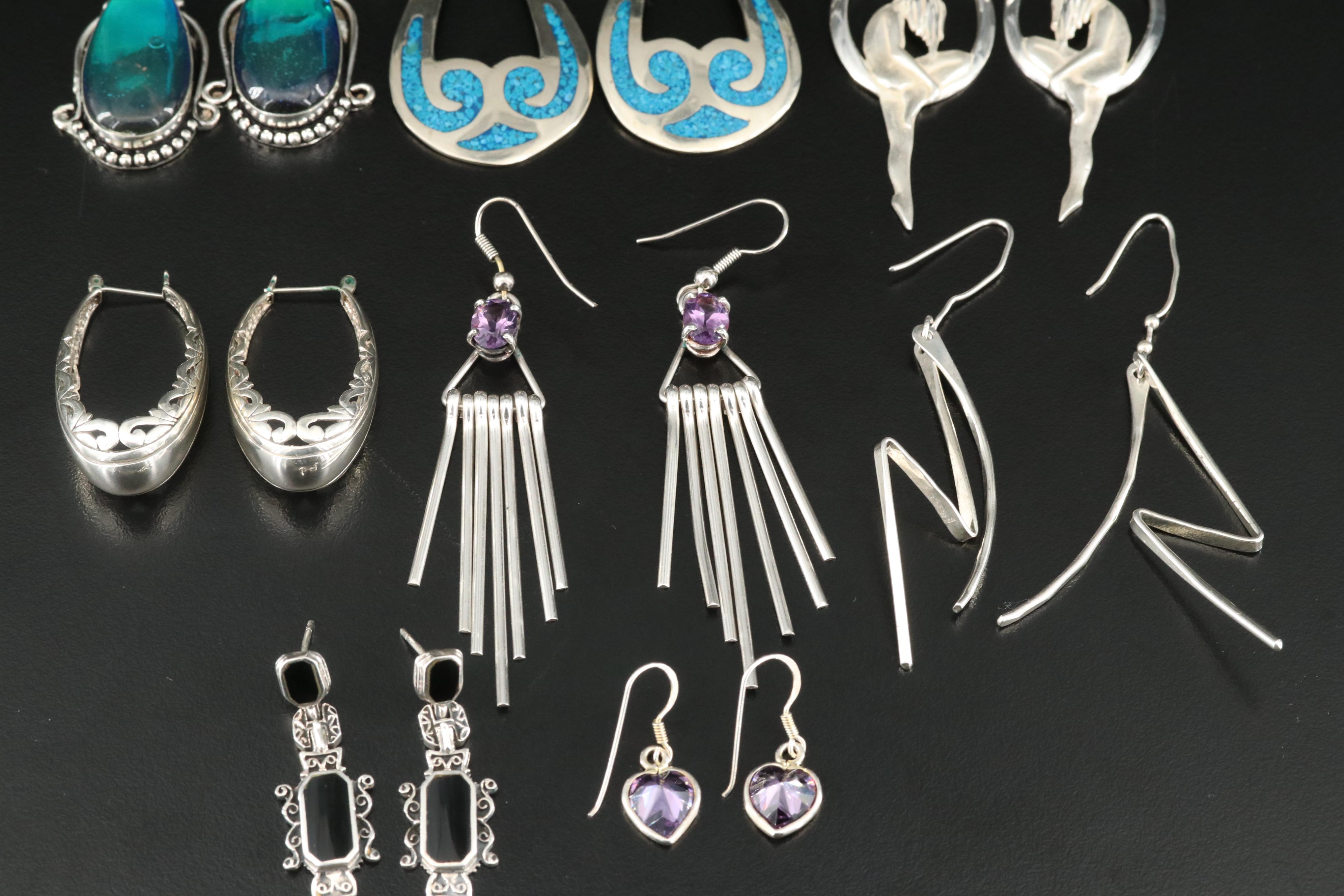 Figural Nude, Mosaic Inlay, Sterling and Gemstones Featured in Earrings