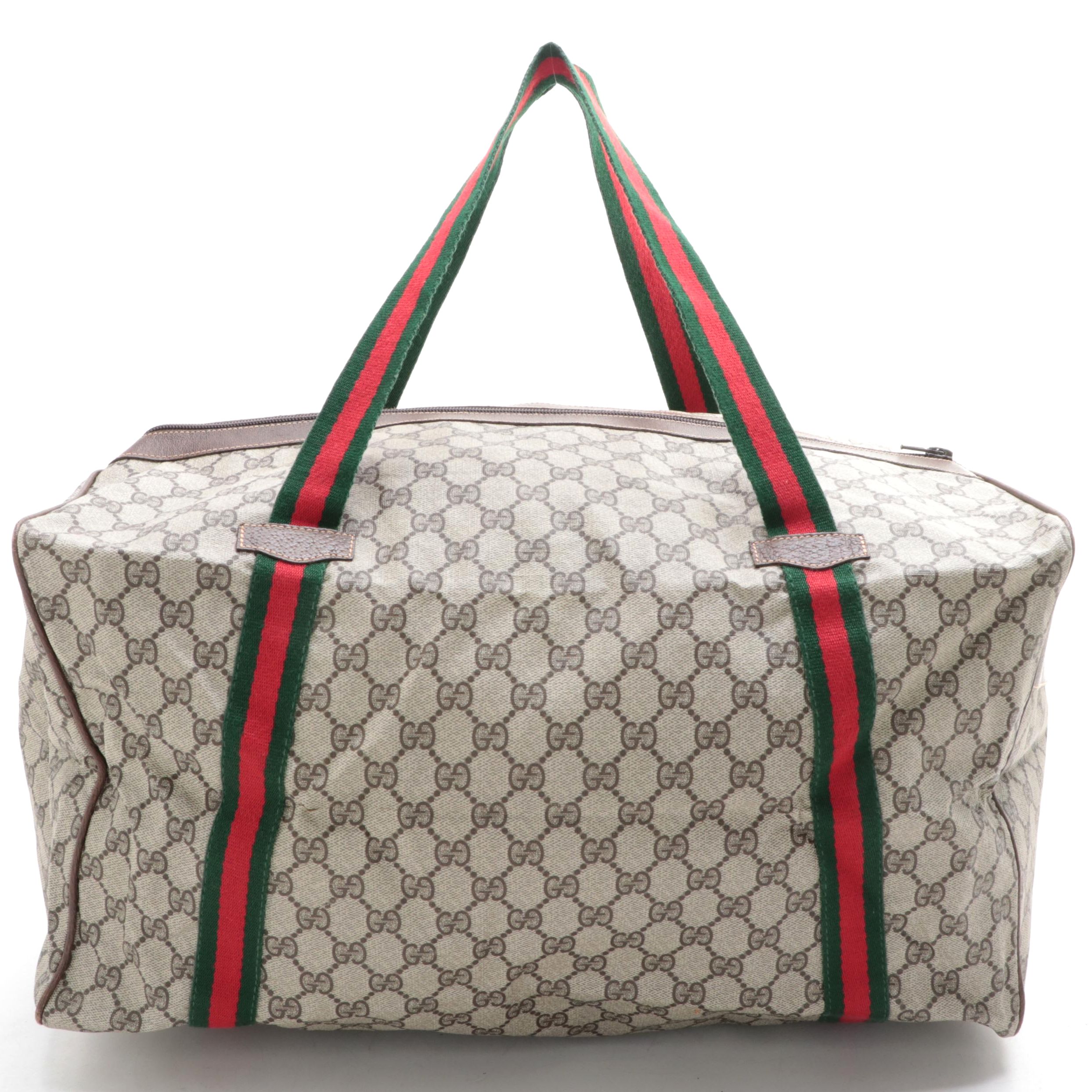 Gucci Zip Travel Bag in GG Supreme Canvas and Dark Brown Cinghiale Leather Trim