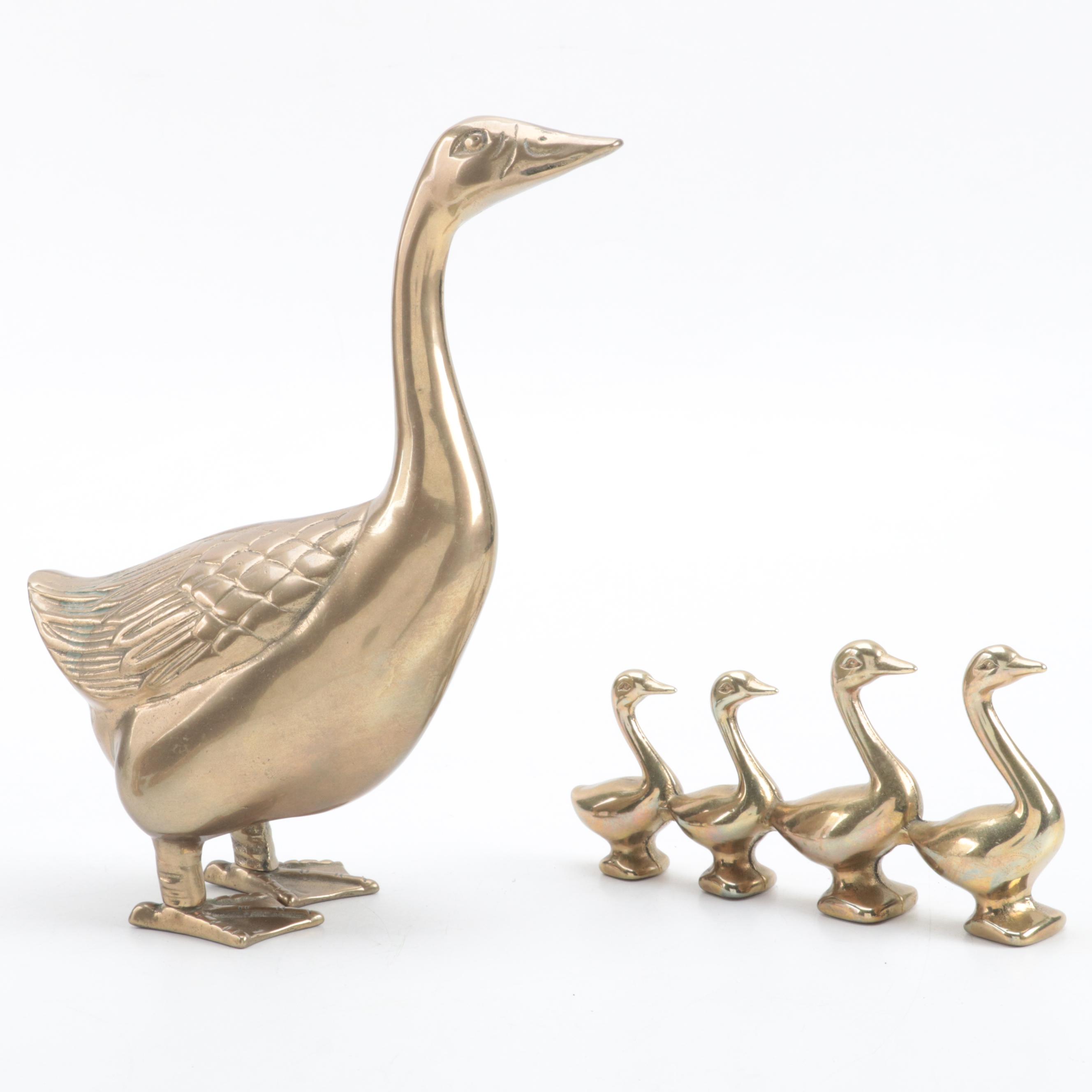 Brass Duck and Deer Figurines with Trinket Dish and Pair of Candlesticks