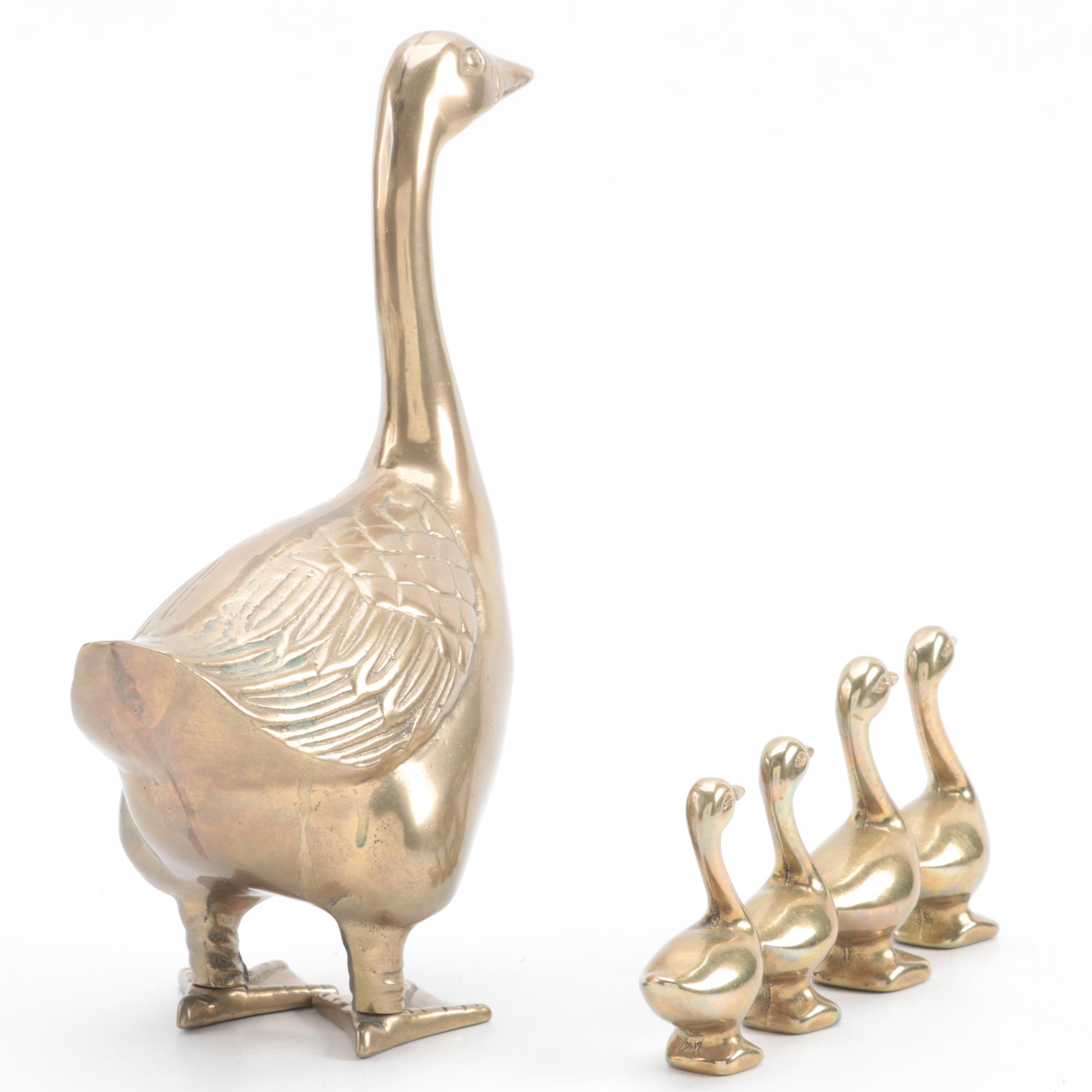 Brass Duck and Deer Figurines with Trinket Dish and Pair of Candlesticks