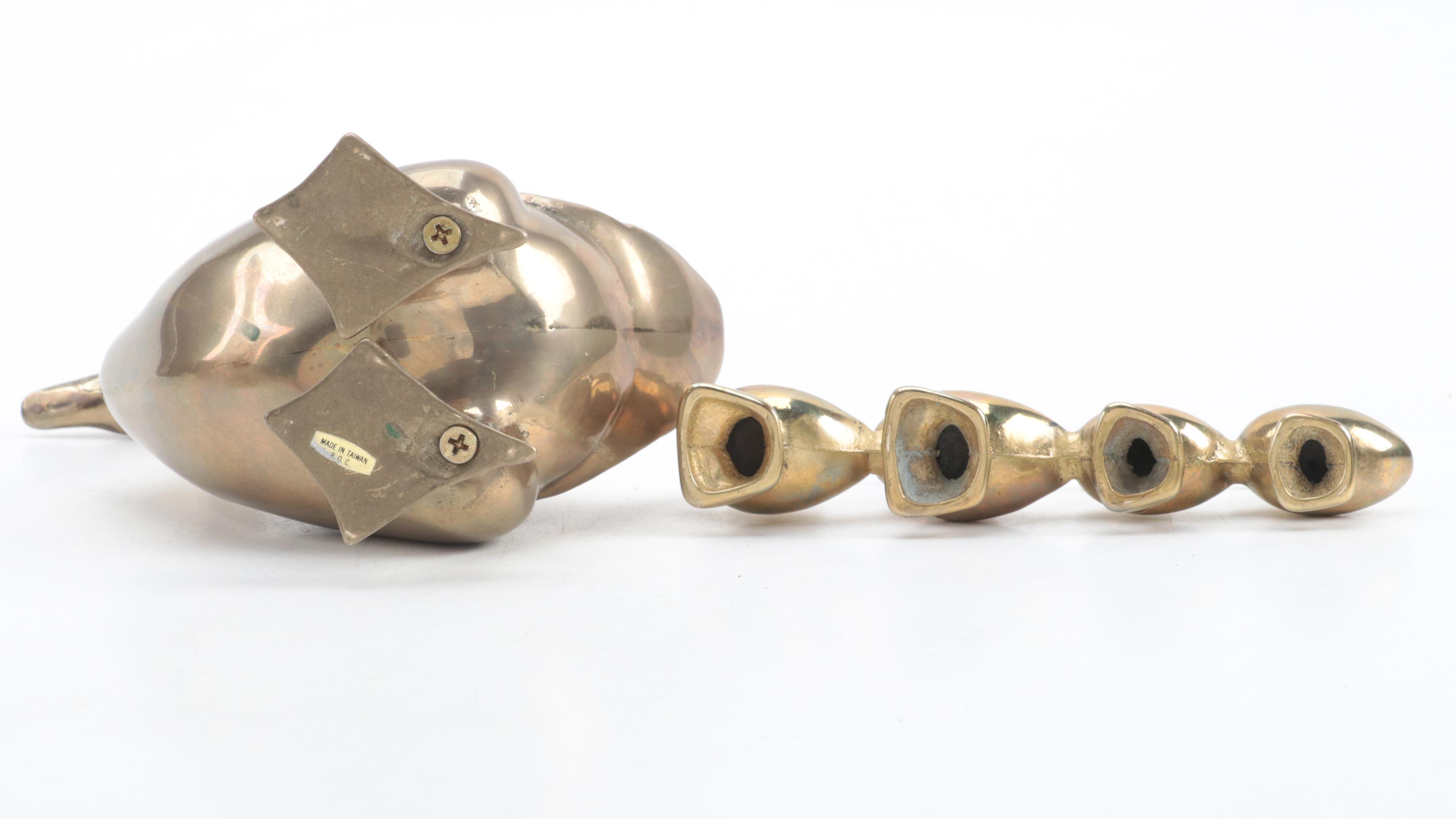 Brass Duck and Deer Figurines with Trinket Dish and Pair of Candlesticks