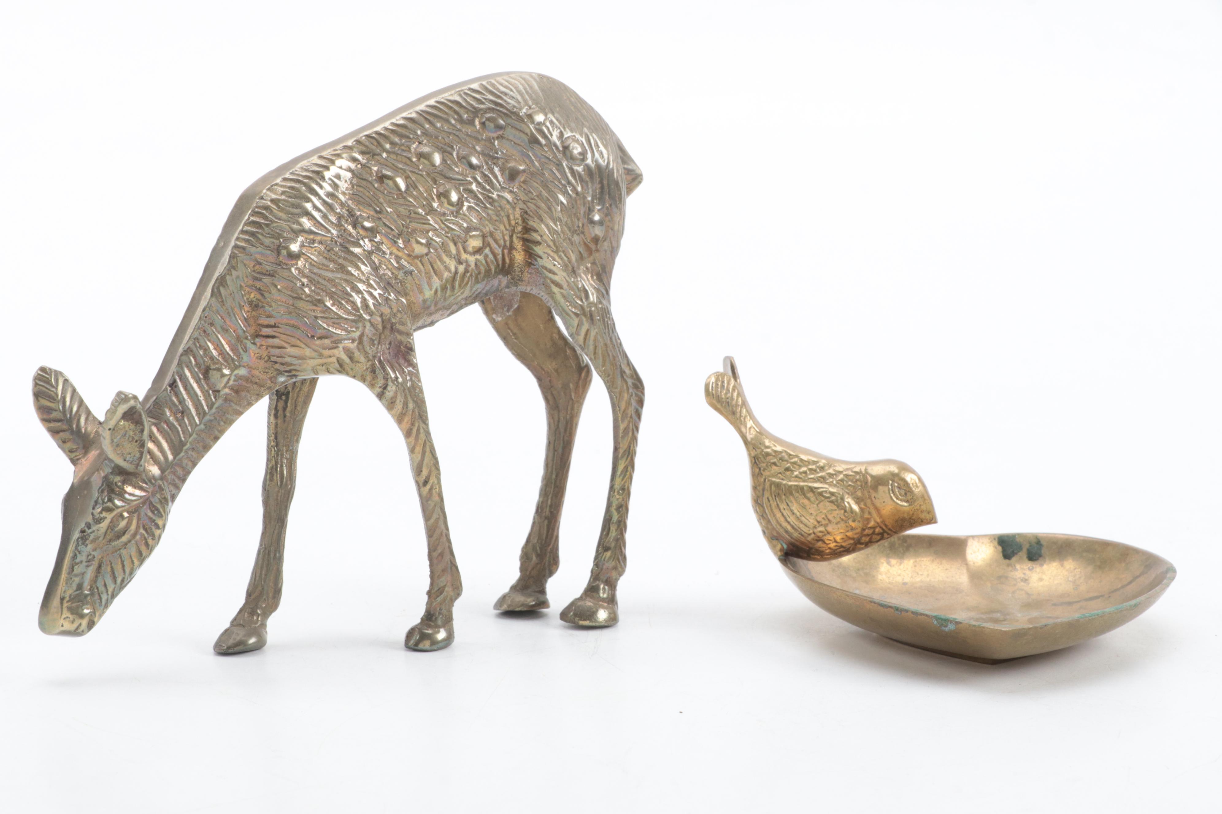 Brass Duck and Deer Figurines with Trinket Dish and Pair of Candlesticks