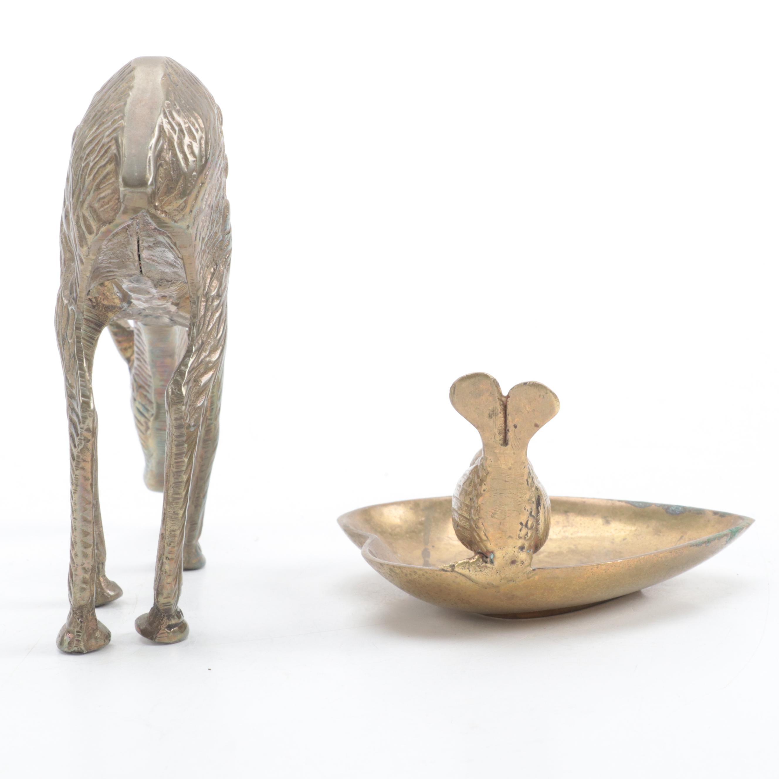 Brass Duck and Deer Figurines with Trinket Dish and Pair of Candlesticks