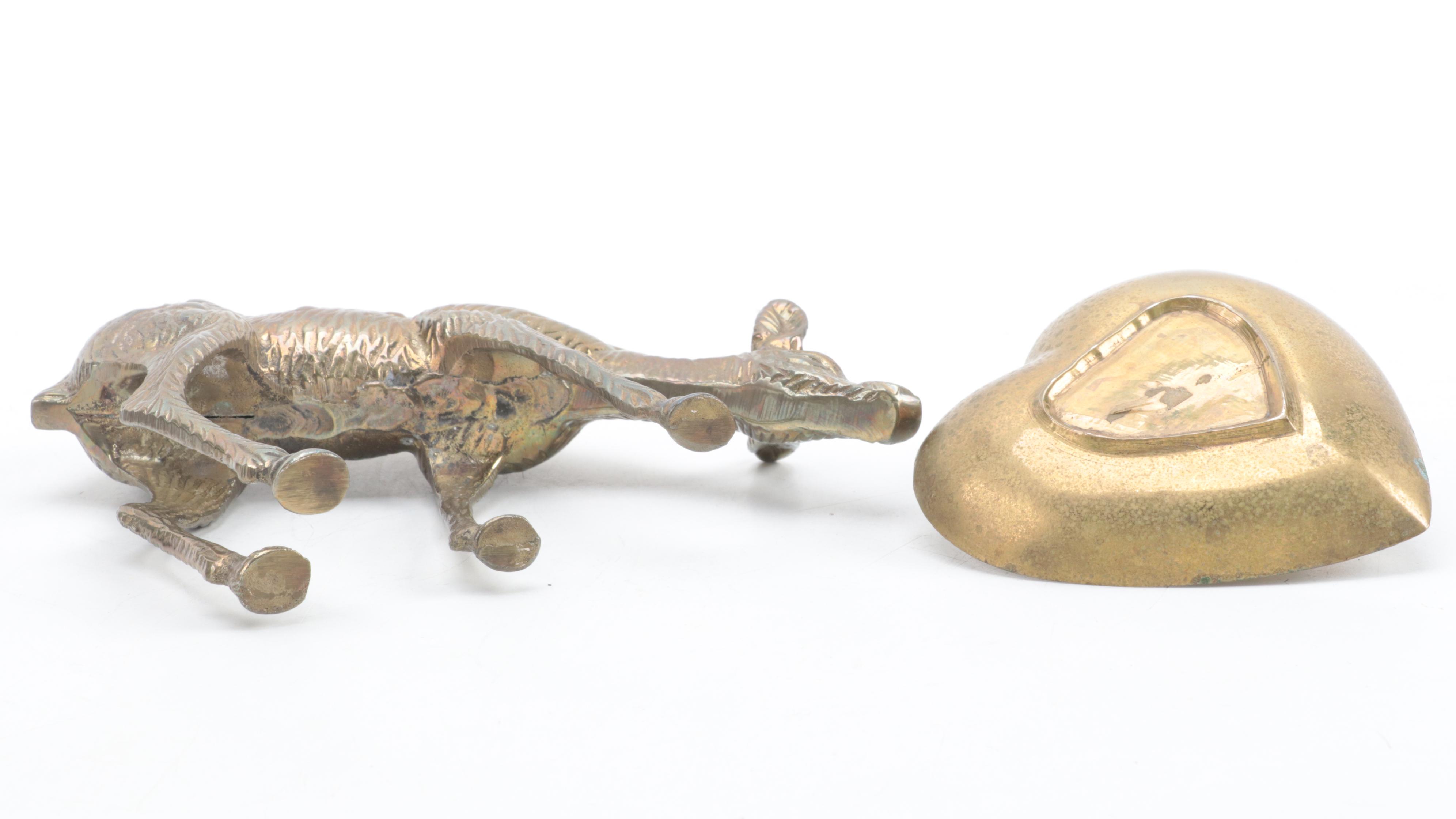 Brass Duck and Deer Figurines with Trinket Dish and Pair of Candlesticks