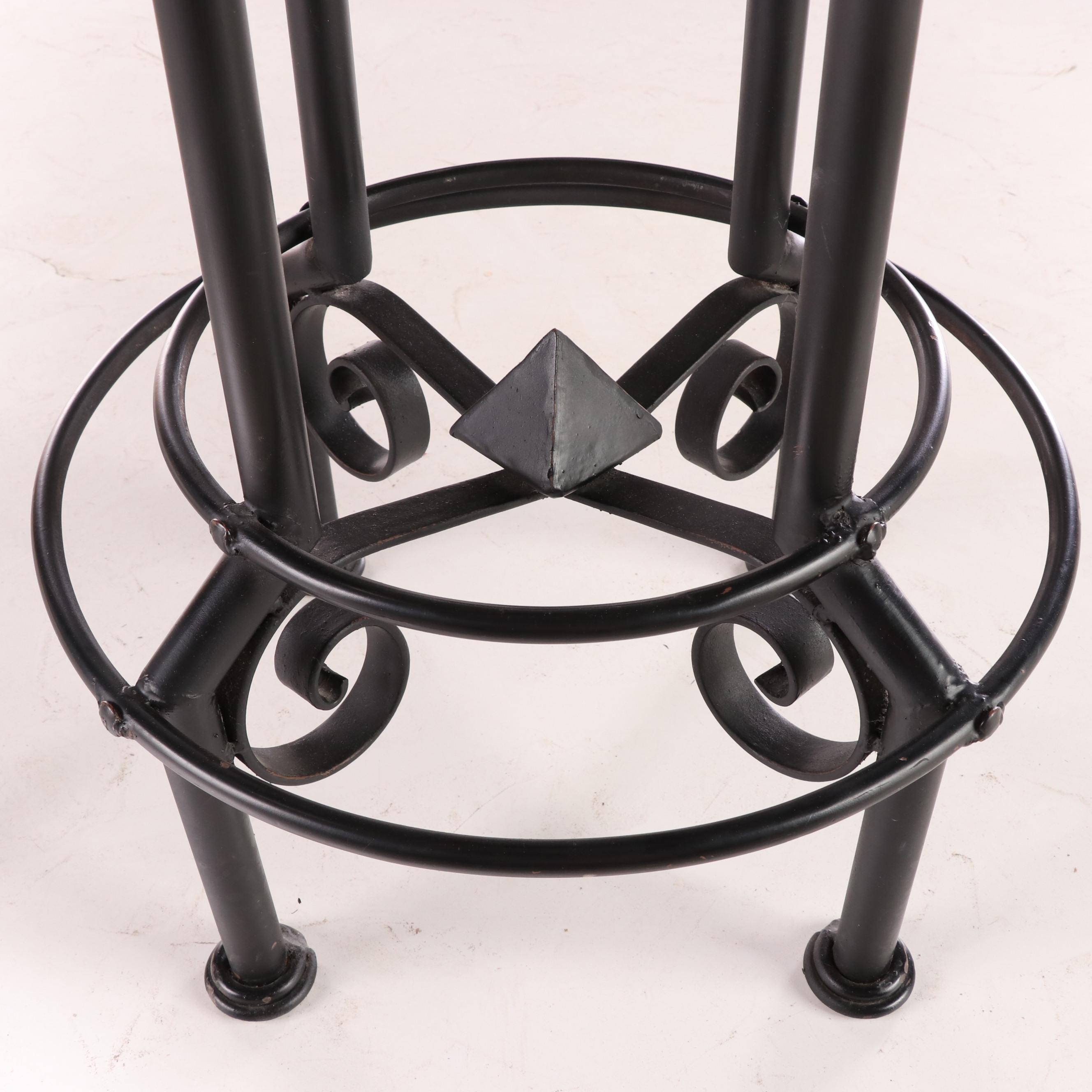Three Metal and Custom-Upholstered Swivel Counter Stools