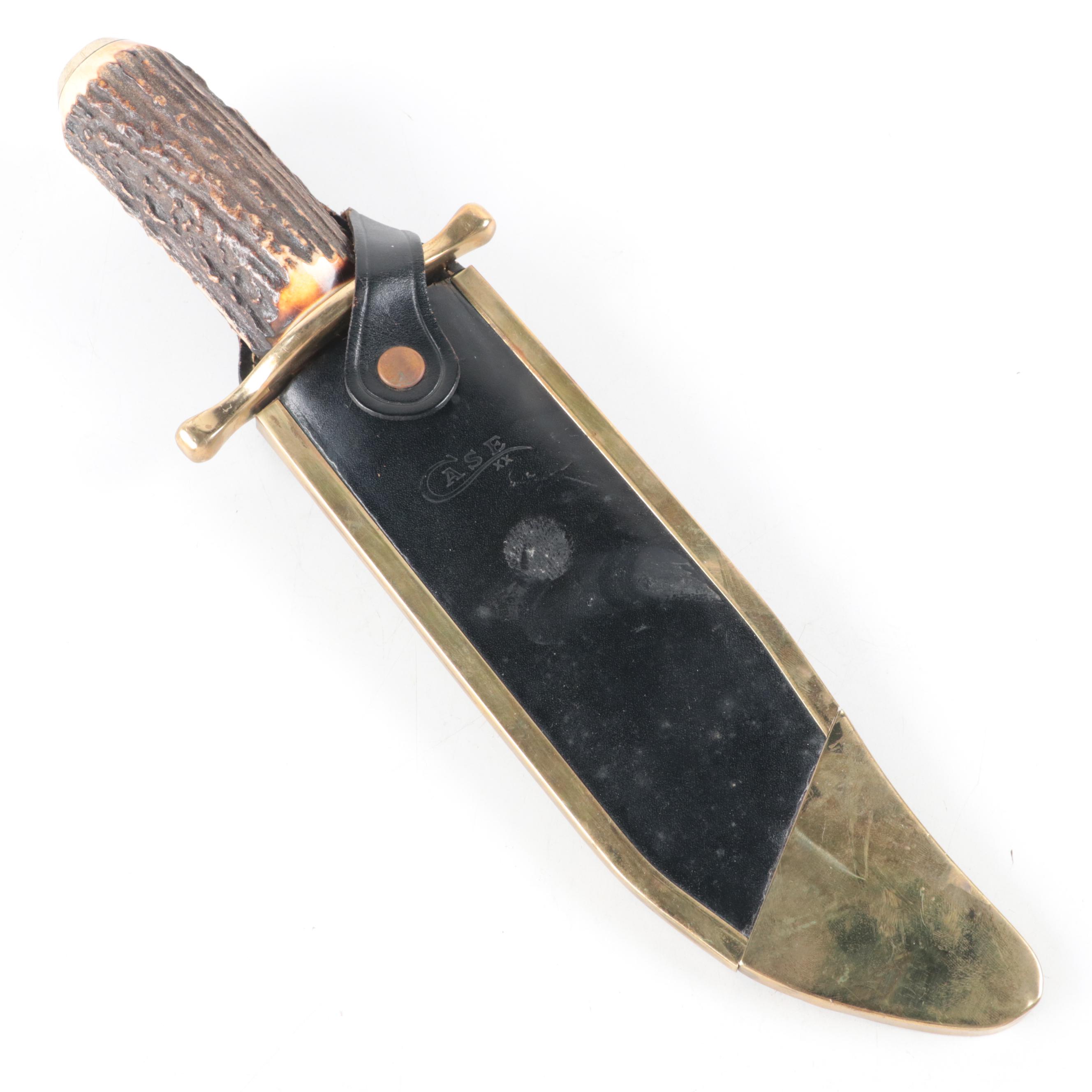 Case Brass and Antler Handled Bowie Knife with Scabbard, 1992