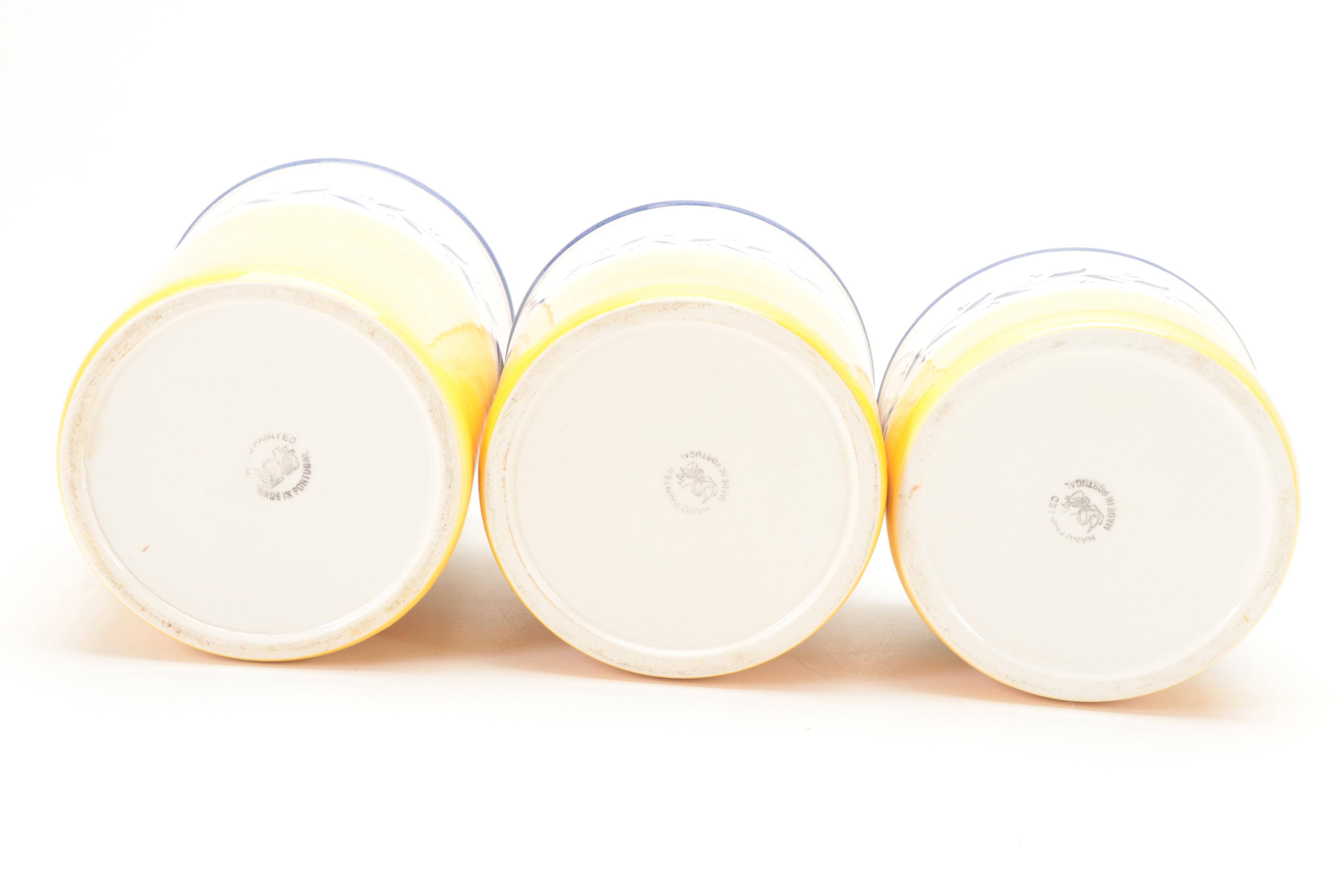 Portuguese Yellow and Blue Banded Vine Motif Ceramic Canisters and More