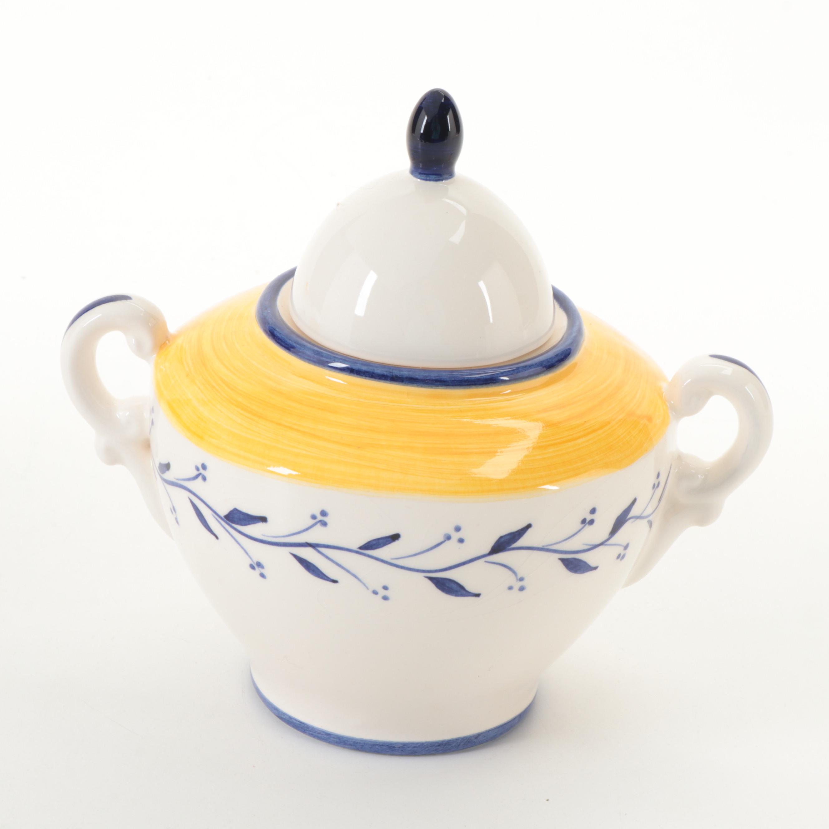 Portuguese Yellow and Blue Banded Vine Motif Ceramic Canisters and More