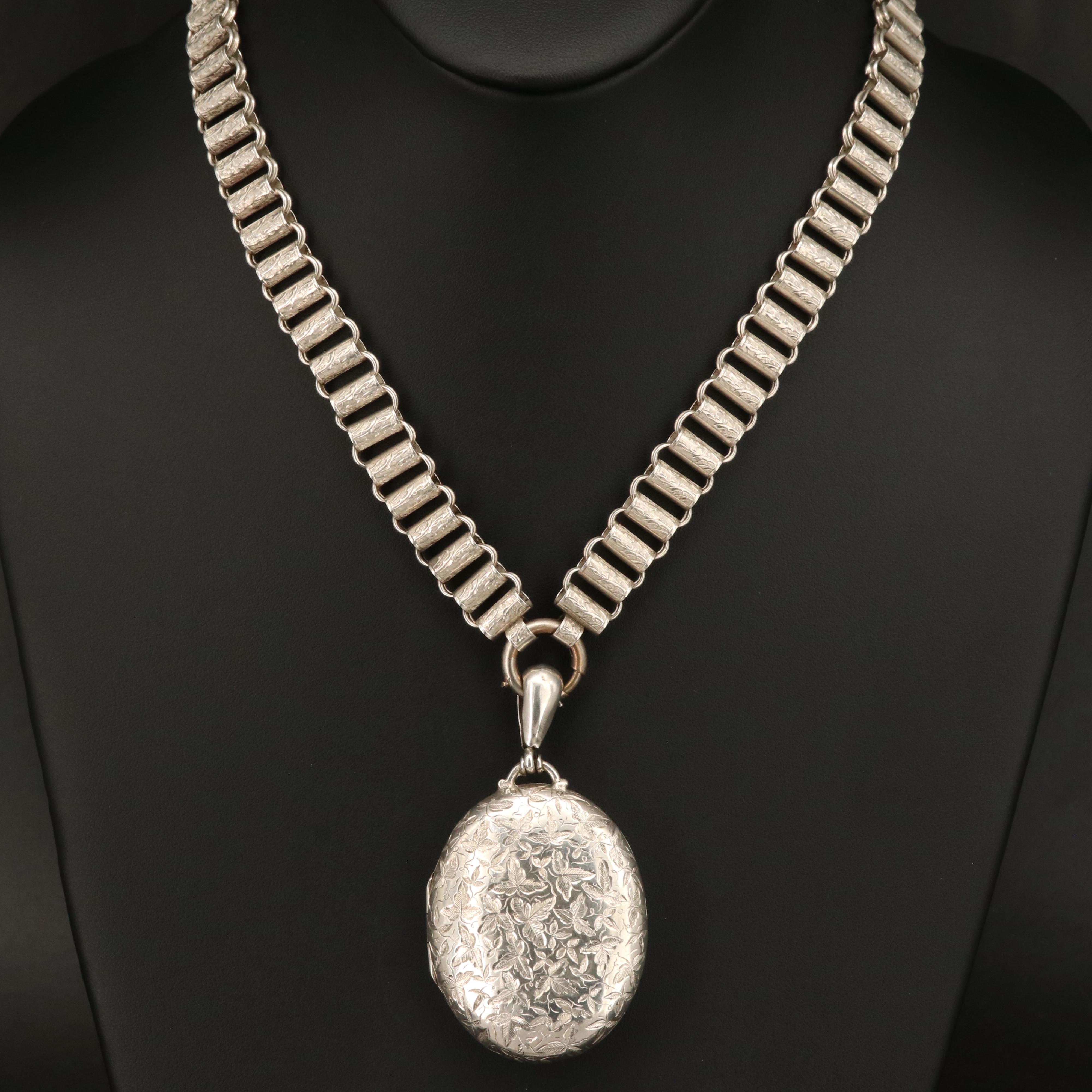 1880s Sterling Foliate Engraved Oval Locket Pendant on Book Chain Necklace