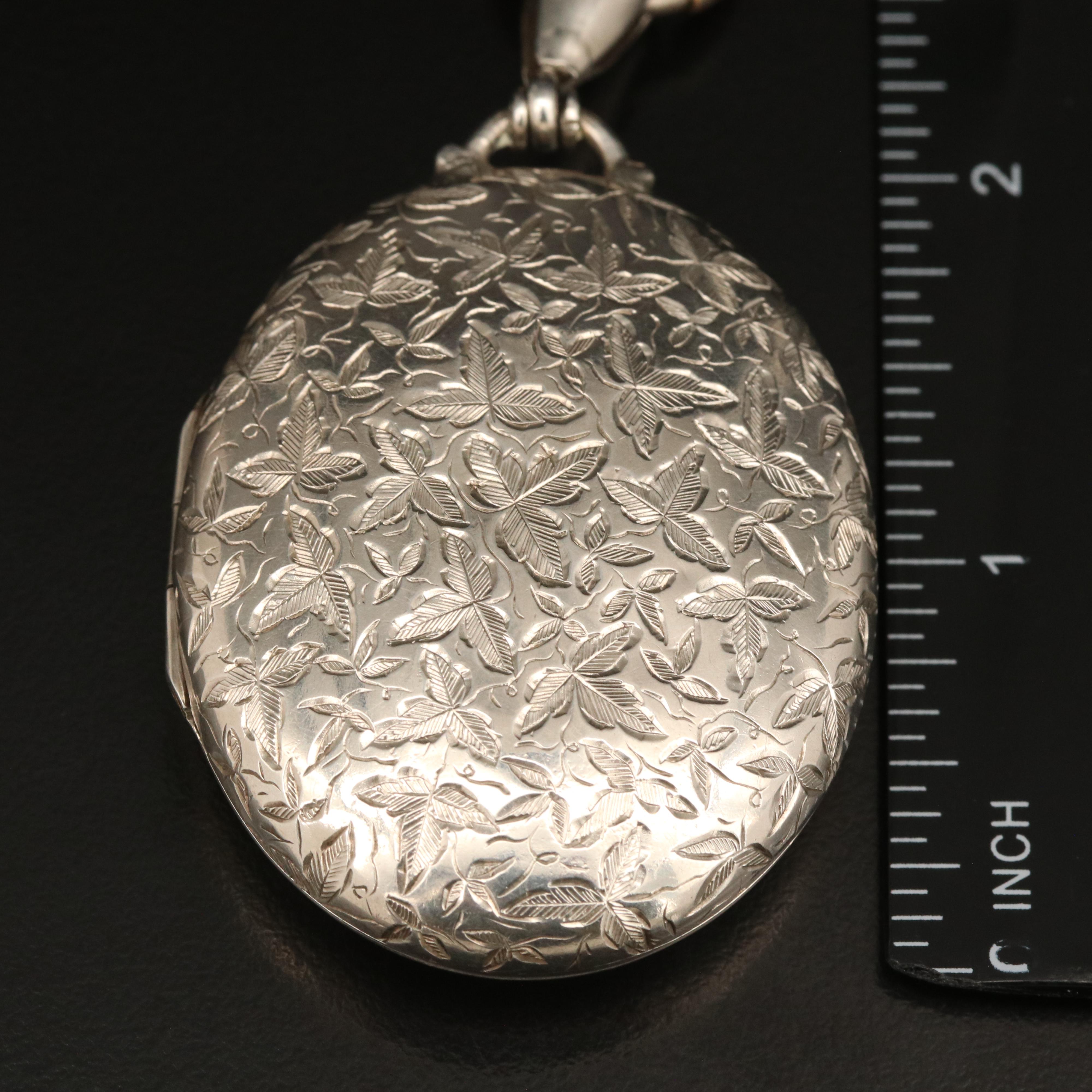 1880s Sterling Foliate Engraved Oval Locket Pendant on Book Chain Necklace