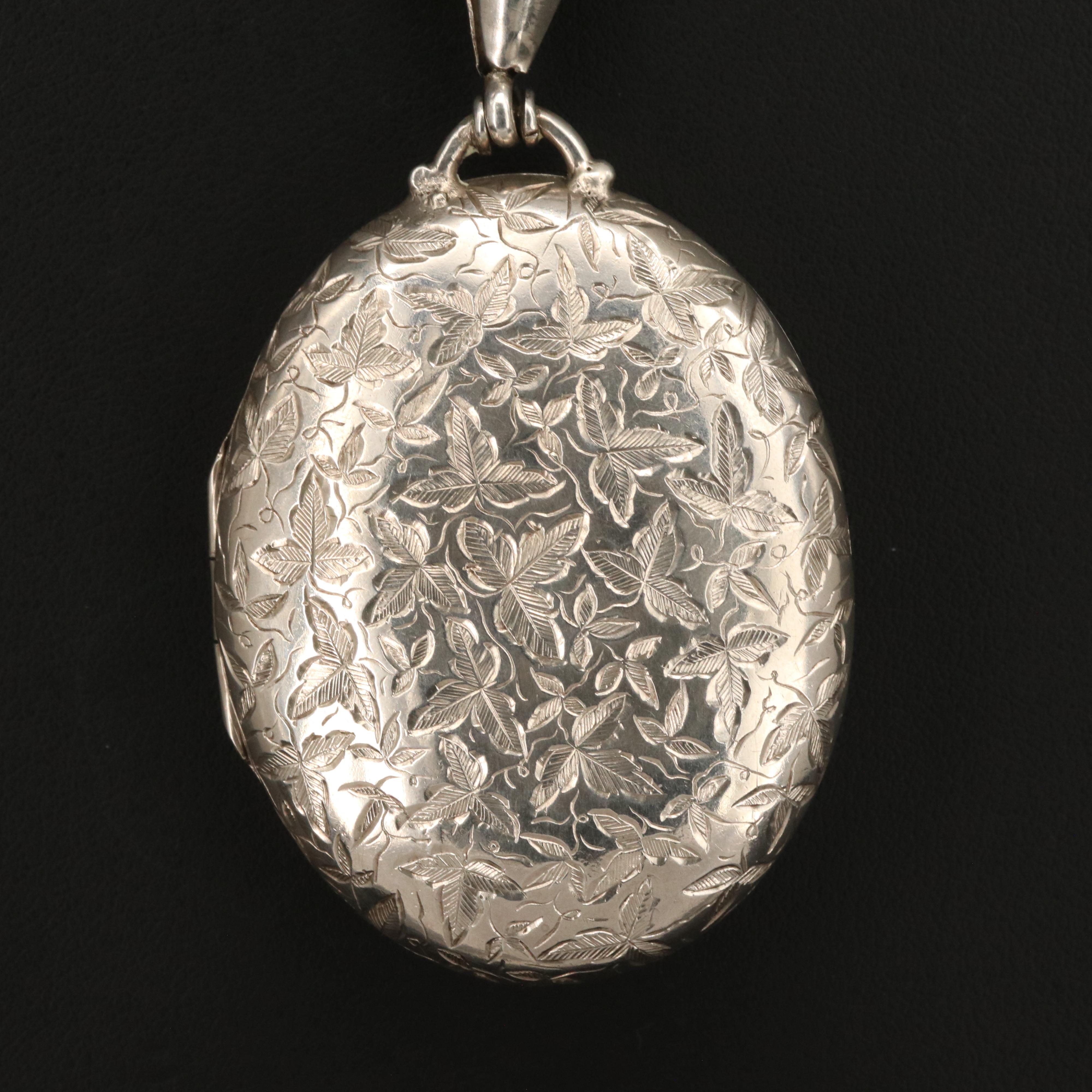 1880s Sterling Foliate Engraved Oval Locket Pendant on Book Chain Necklace