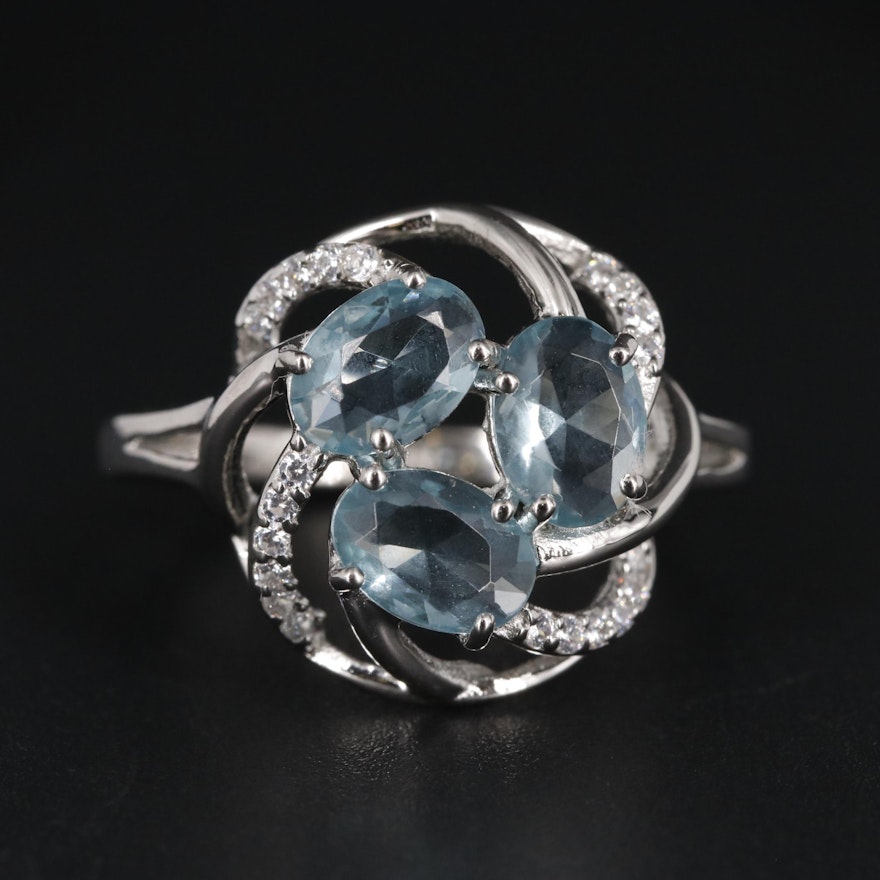 Sterling Aquamarine and Cubic Zirconia Three Stone Ring