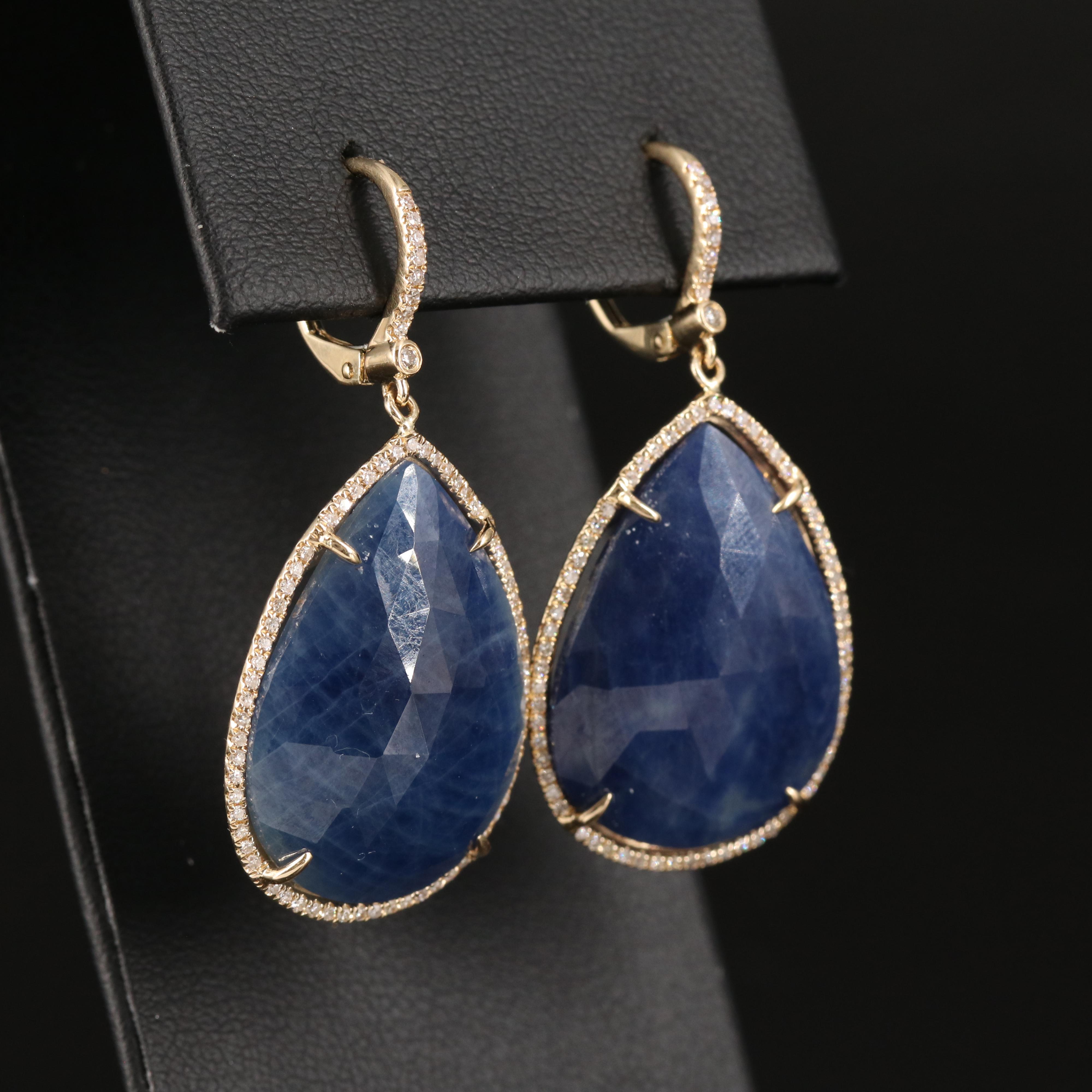 14K Sapphire Teardrop Earrings Encircled with Diamonds