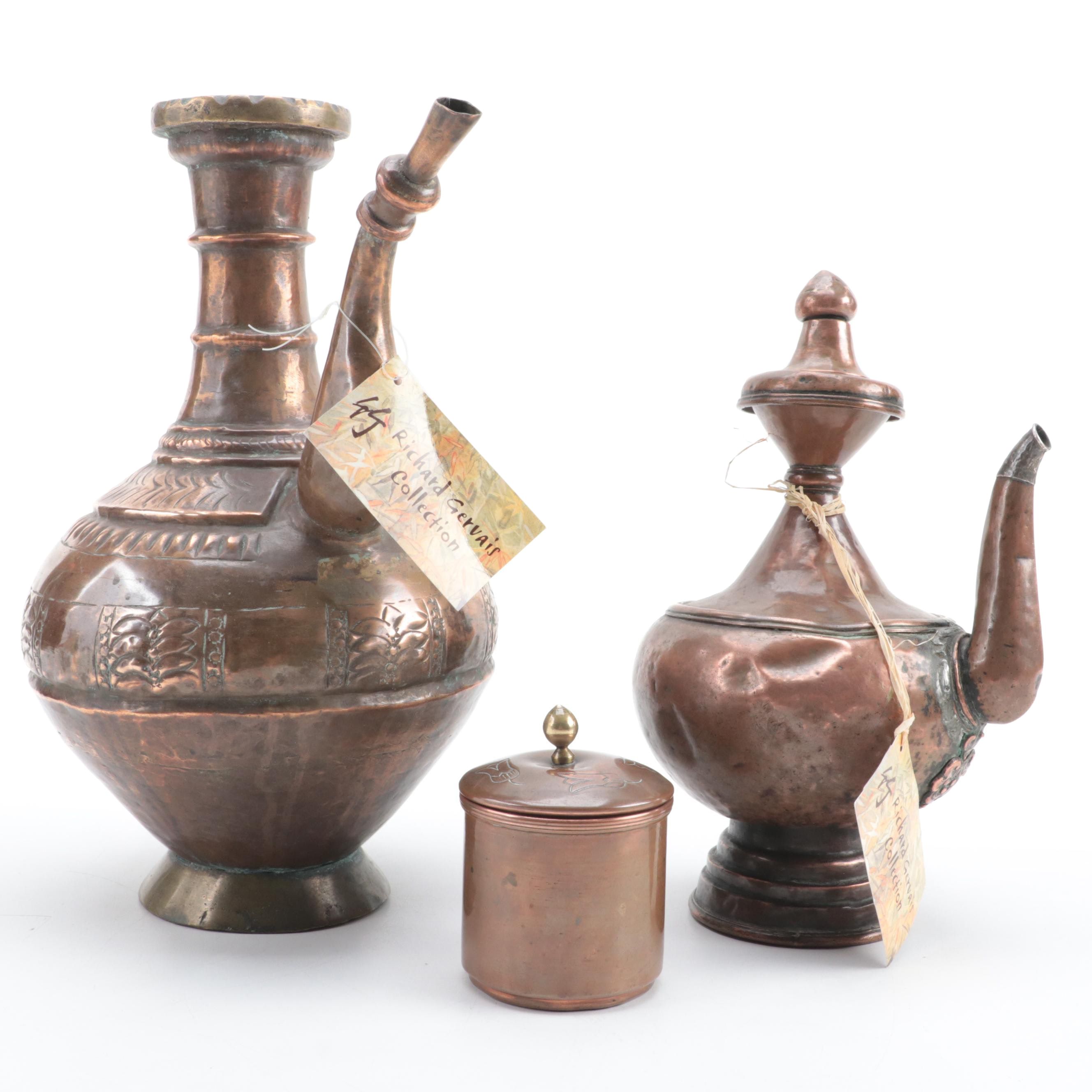 Tibetan Copper Teapot with Indian Pouring Vessel and Incised Chilean Canister