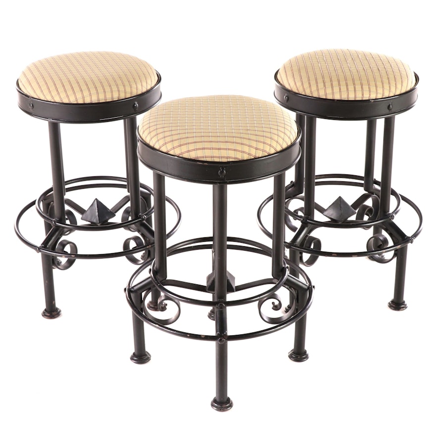 Three Metal and Custom-Upholstered Swivel Counter Stools