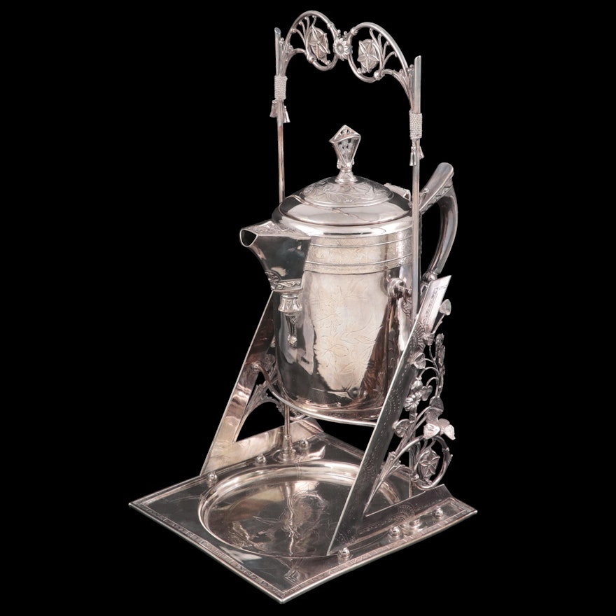 Derby Aesthetic Movement Silver Plate Tilting Water Pitcher on Stand