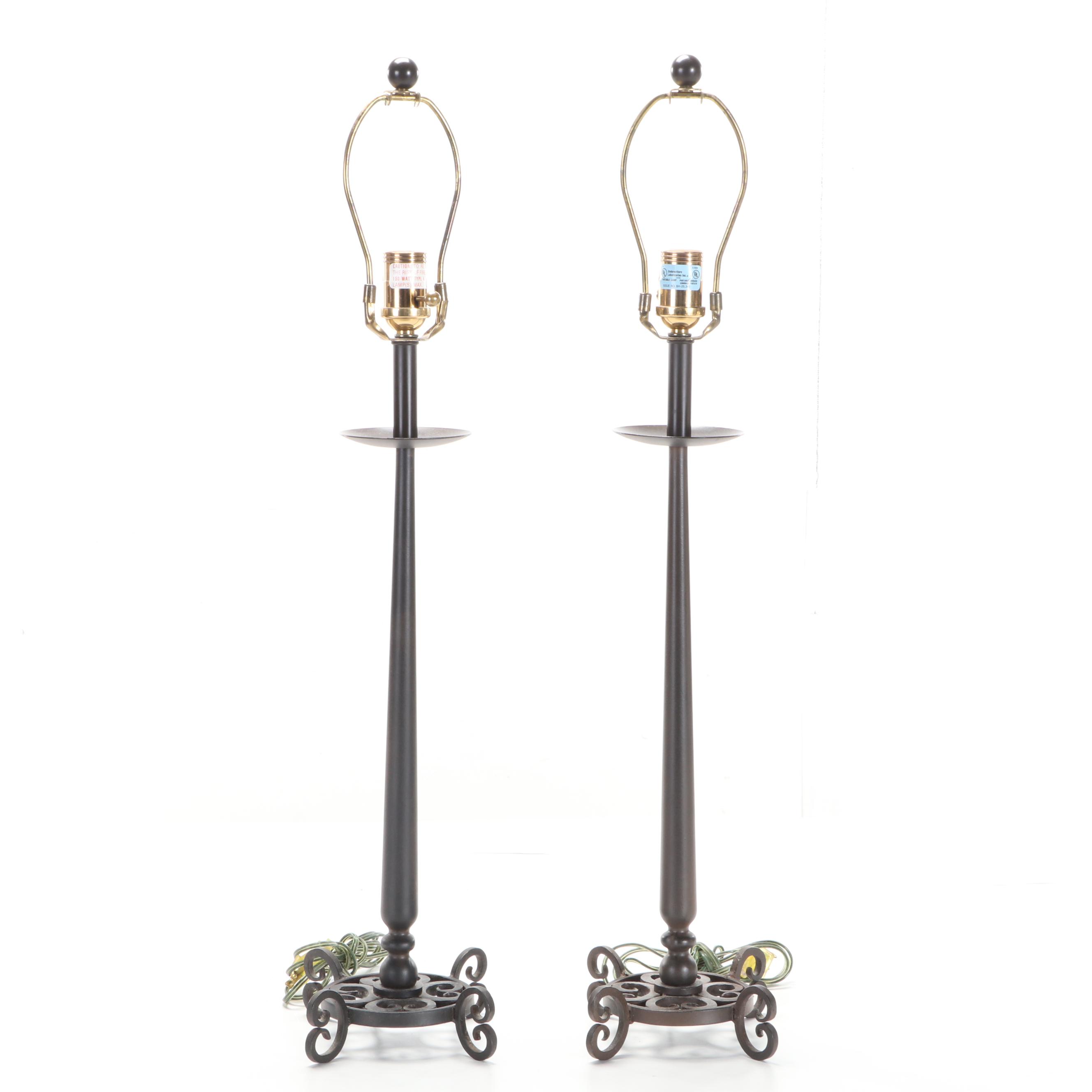 Pair of Contemporary Blackened Iron Table Lamps With Drum Shades