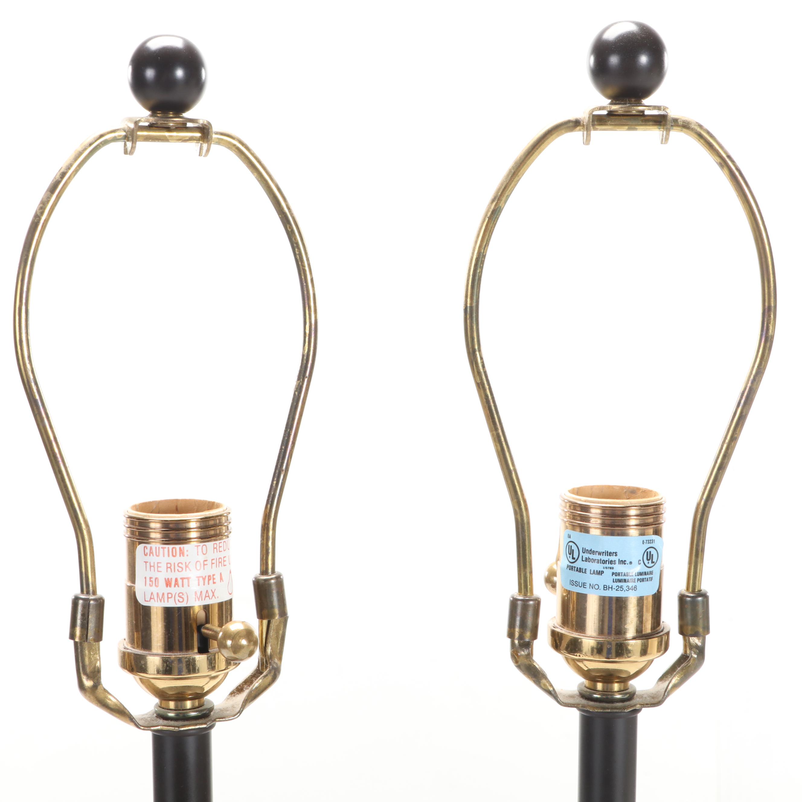 Pair of Contemporary Blackened Iron Table Lamps With Drum Shades